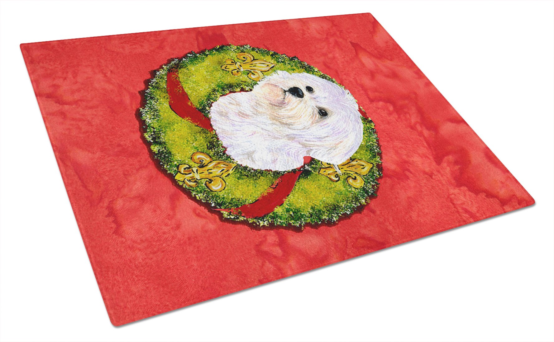 Caroline's Treasures SS4171LCB Maltese Christmas Wreath Tempered Glass Cutting Board - Large Decorative Kitchen Serving & Chopping Board for Holiday Entertaining & Food Prep