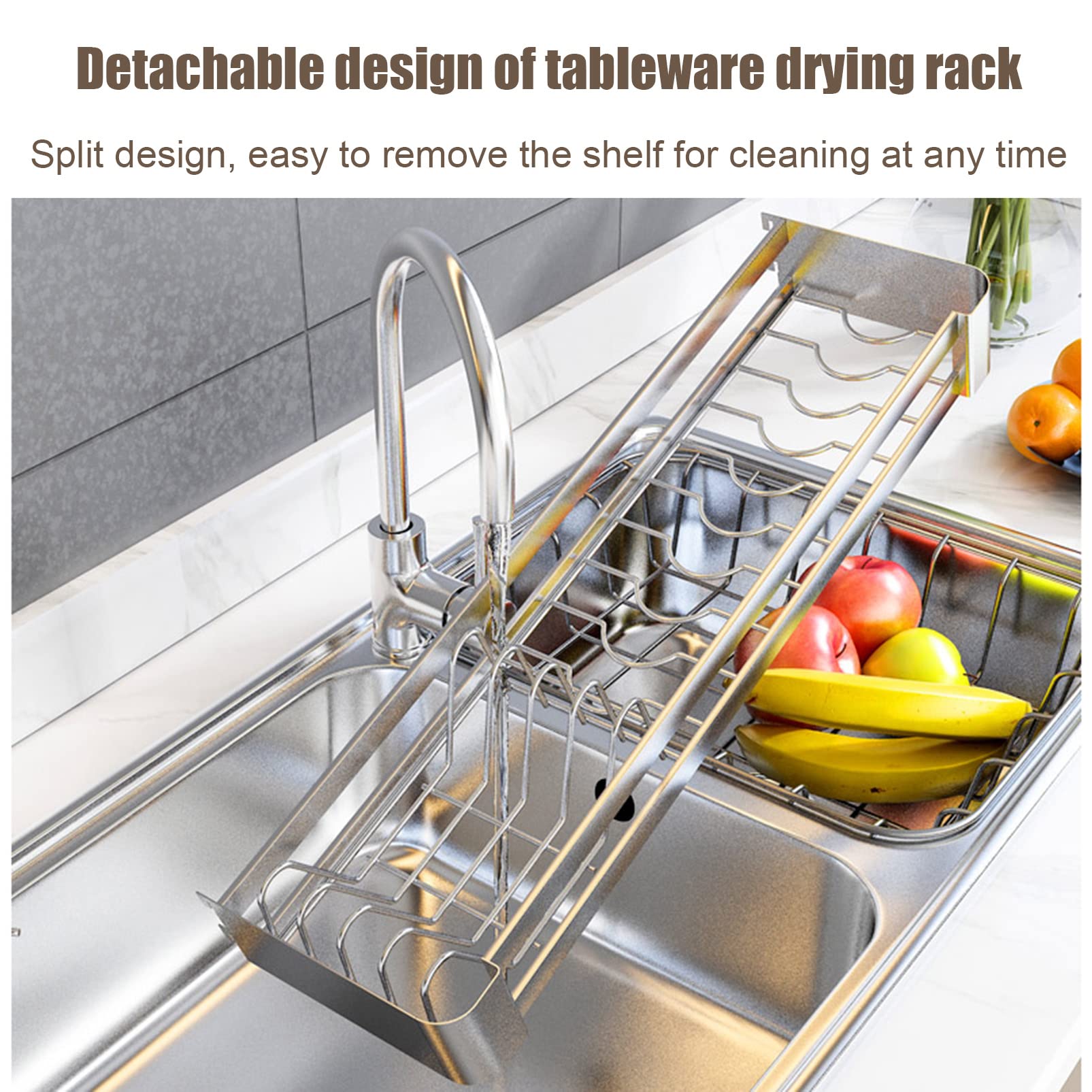Stainless Steel Over The Sink Dish Drying Rack - Wall Mounted Kitchen Organizer with Utensil Hooks & Knife Holder | Space Saving Plate Drainer for Small Kitchens, Apartments & RVs