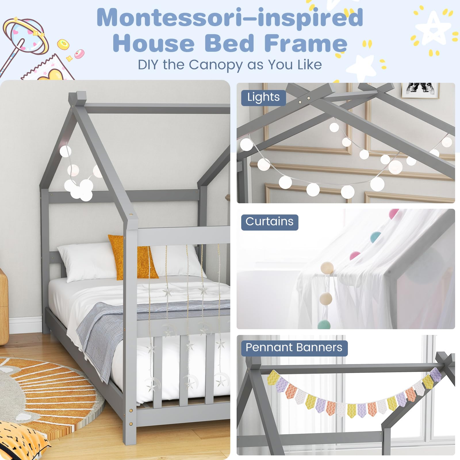 KOMFOTT Twin Wood House Bed for Kids - Low Profile Floor Bed Frame with Roof, Headboard & Footboard - Montessori Style Tent Bed for Toddlers, Boys & Girls - No Box Spring Needed (Grey) - Perfect for Bedrooms, Playrooms & Montessori Learning Spaces