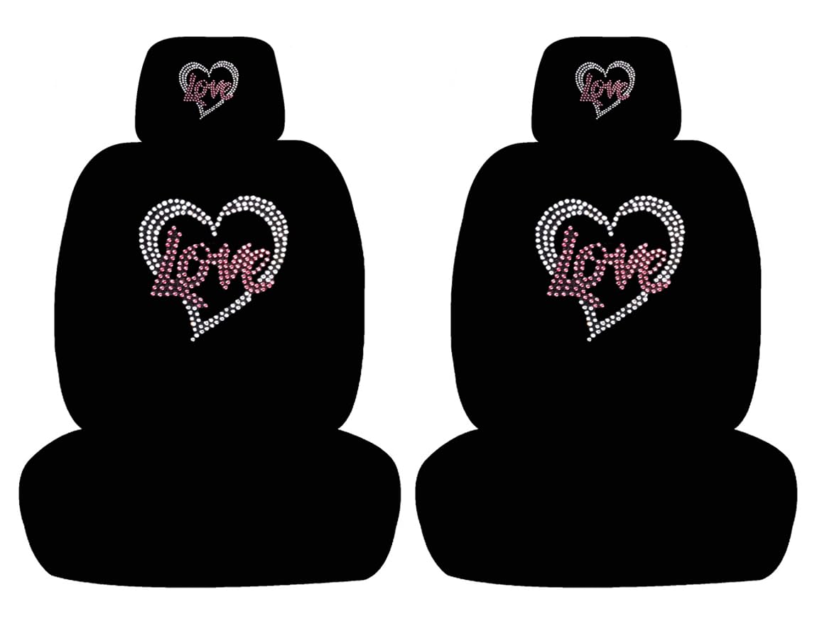 Universal Fit Rhinestone Studded Car Seat Covers for Trucks & Cars - 4-Piece Set with Low Back, Front Bucket & Headrest Covers (Heart Love-Black) - Perfect for Customizing & Protecting Vehicle Seats