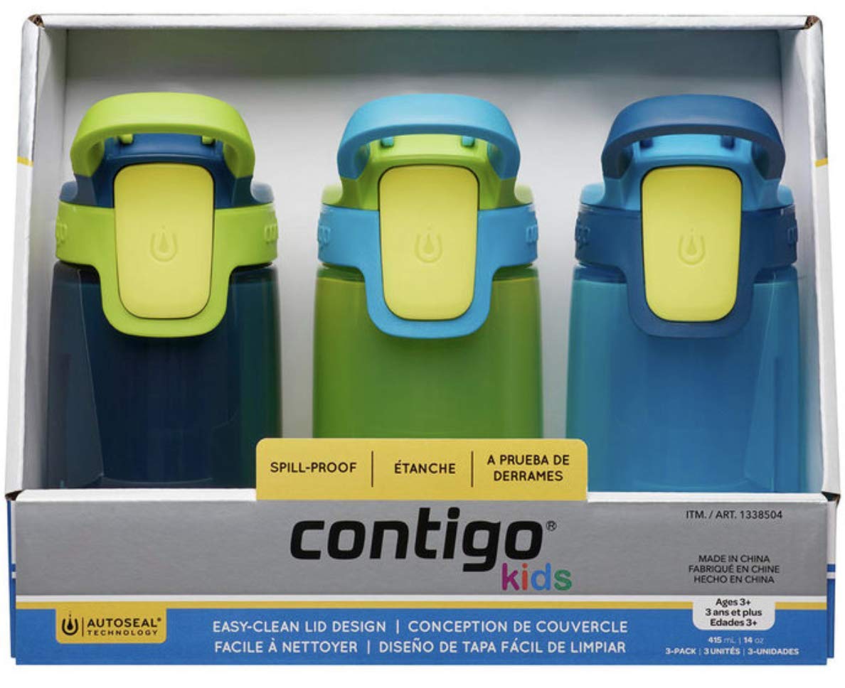 Contigo Kids Autoseal Water Bottles 14oz (415ml) - 3 Pack, Navy/Green/Blue - Leakproof Stainless Steel Sippy Cup for School, Travel & Outdoor Activities