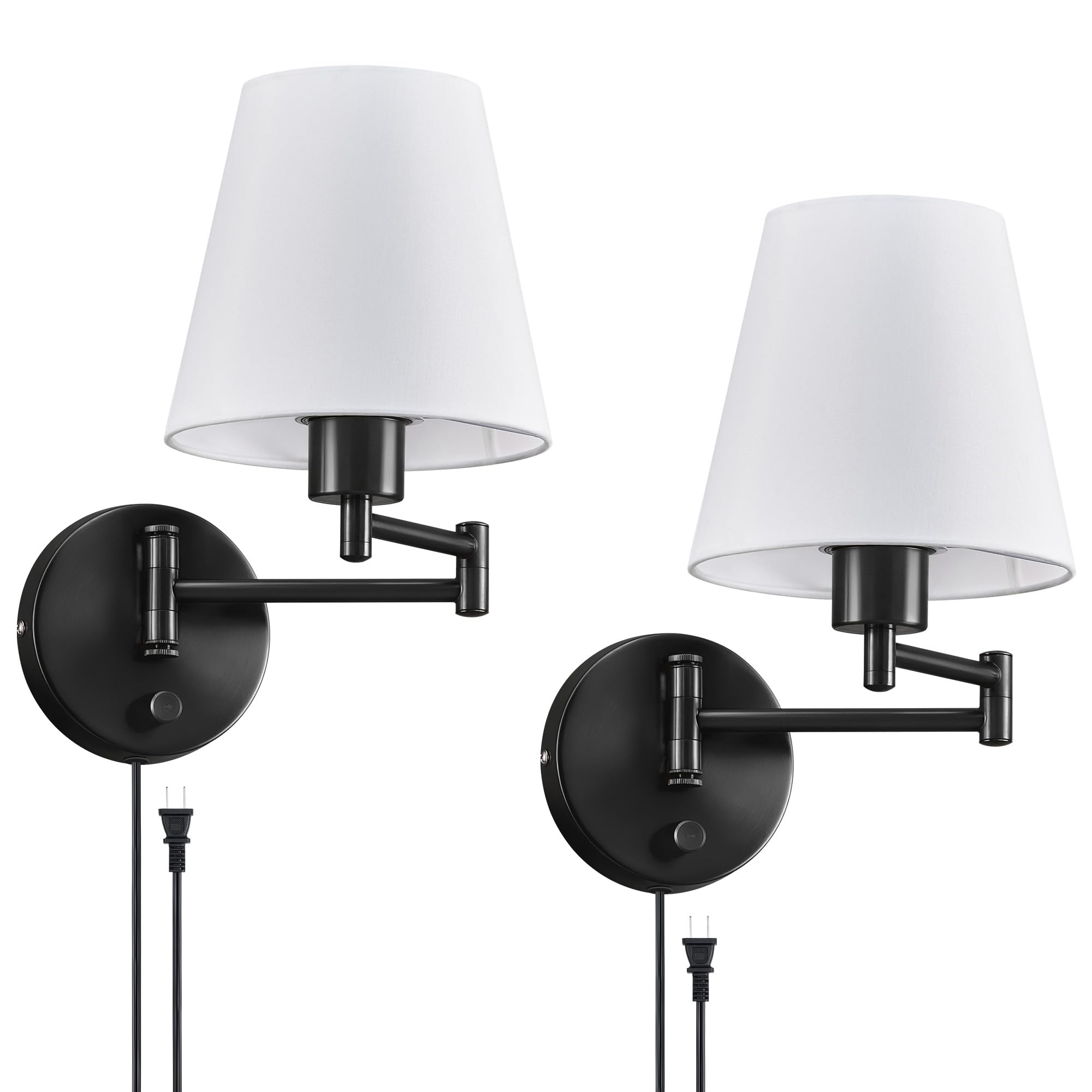 VONLUCE Set of 2 Plug-in & Hardwired Swing Arm Wall Sconces - Adjustable Black Base Wall Mounted Lamps with White Fabric Shade - Modern Lighting Fixtures for Bedroom, Hallway, Study & Home Office Decor
