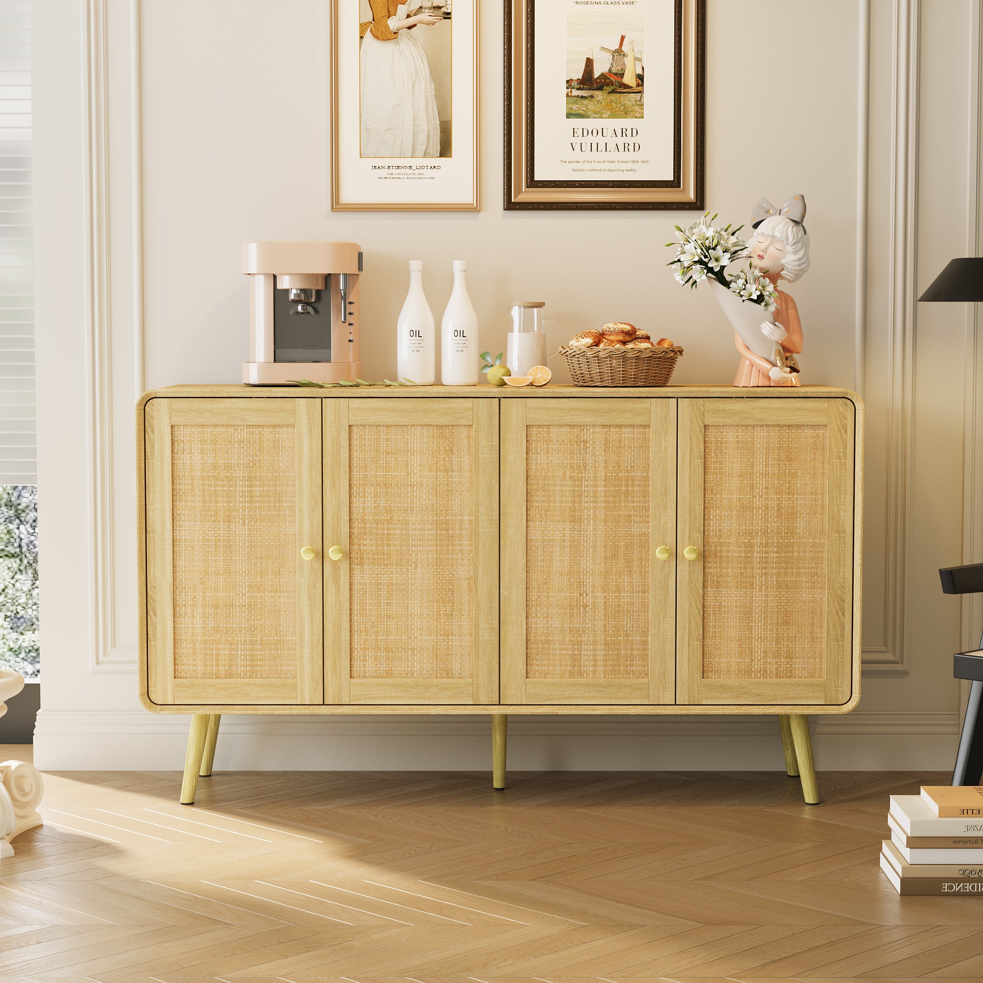 Mid Century Modern Sideboard with Rattan Doors & Adjustable Shelves - Vintage Style Buffet Cabinet for Dining Room, Living Room Storage & Home Decor