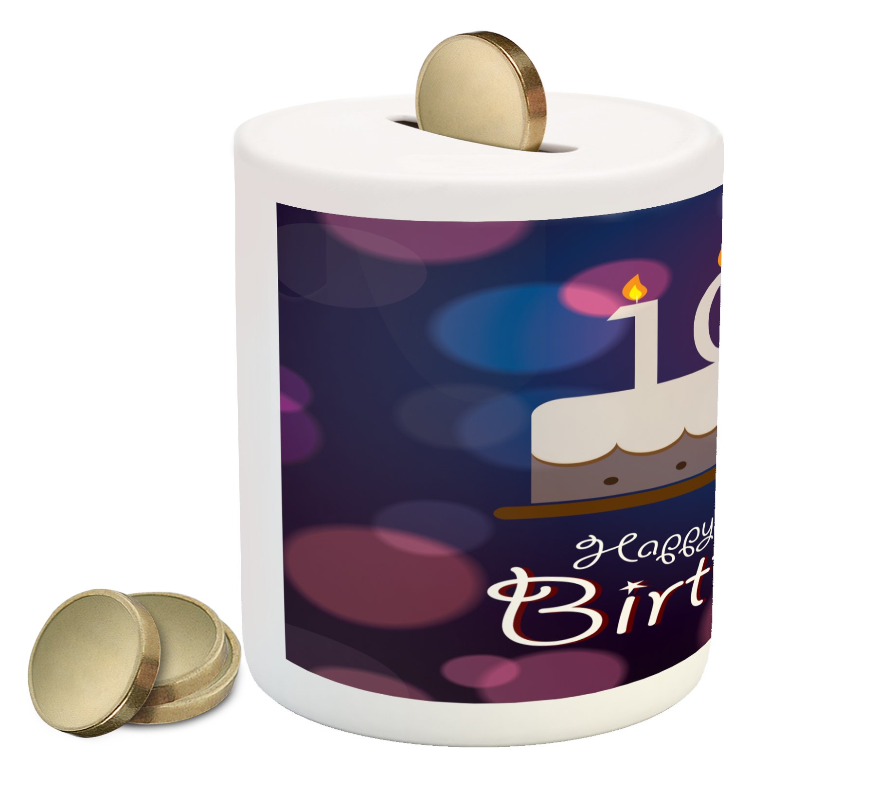 Ambesonne Ceramic Piggy Bank - 100th Birthday Cartoon Cake & Candles Print, Purple & Pink Money Box for Cash Savings | Perfect Gift for Milestone Birthdays & Retirement Celebrations