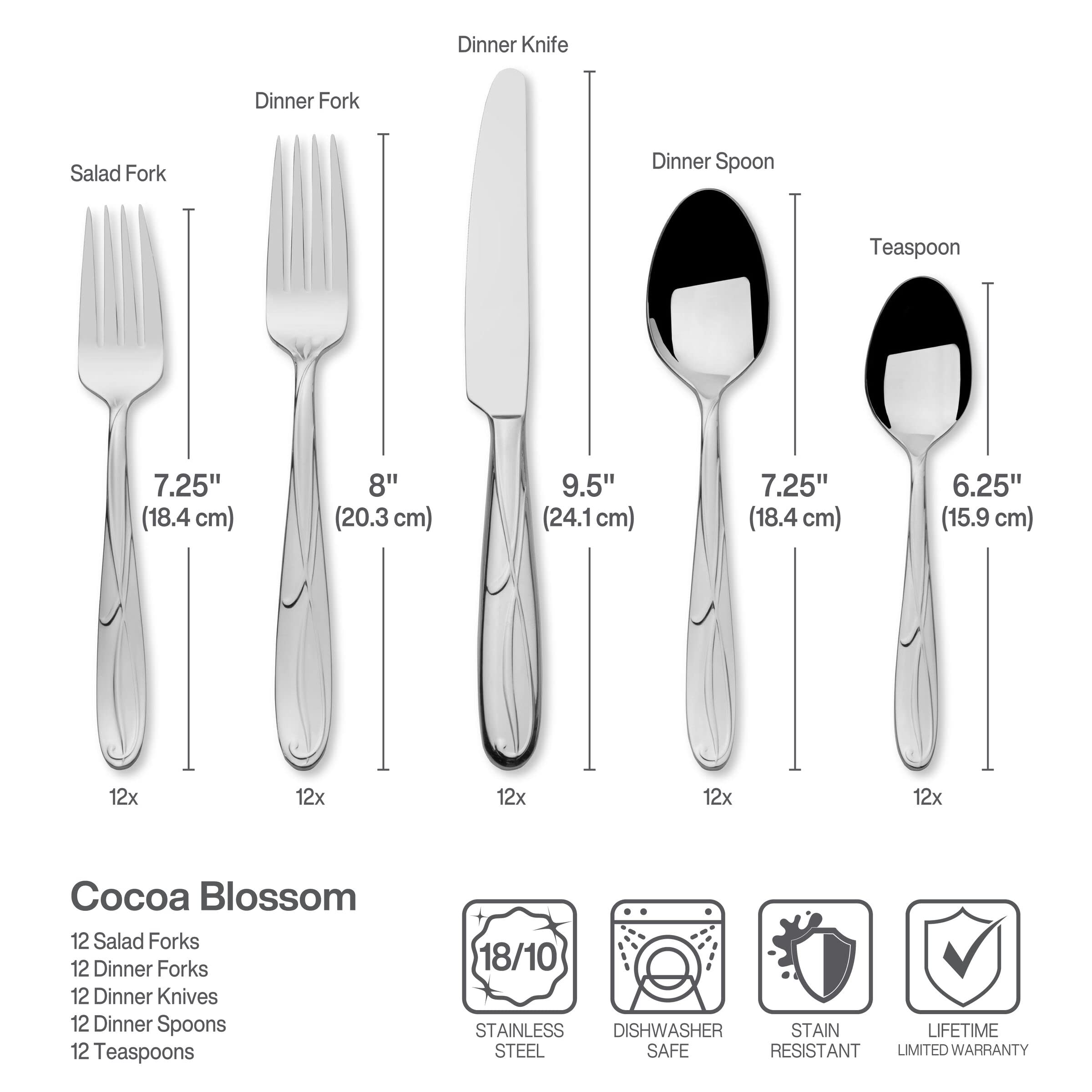 Mikasa Cocoa Blossom 65-Piece Flatware Set for 12 - 18/10 Stainless Steel Silverware with Serving Utensils - Elegant Dinnerware for Formal Dining, Weddings & Special Occasions
