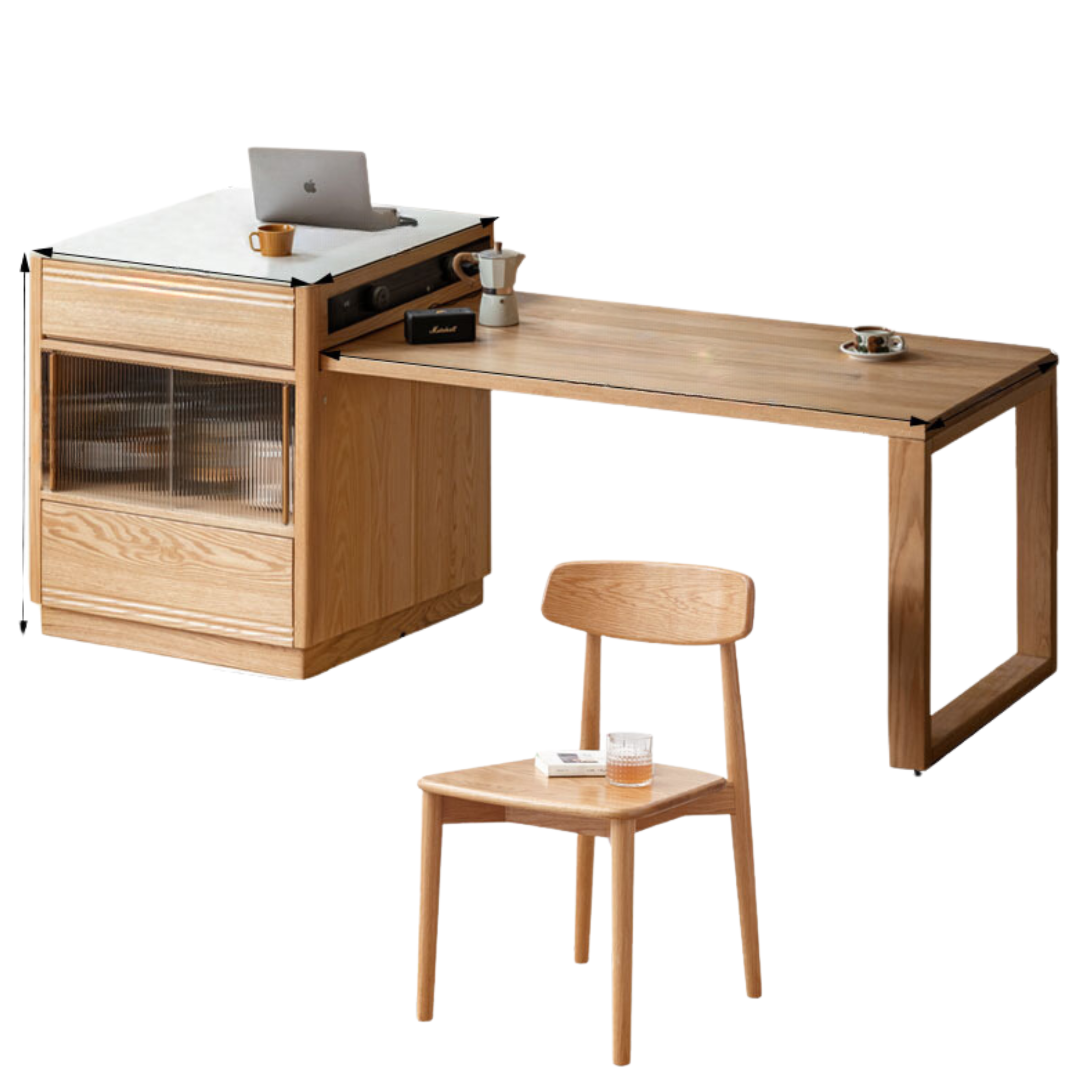 72.4-94.7x35x36.6 inch / 184-240.5x89x93сm / Natural wood color/ telescopic island + dining table and four chairs  + Deshen embedded electric rail