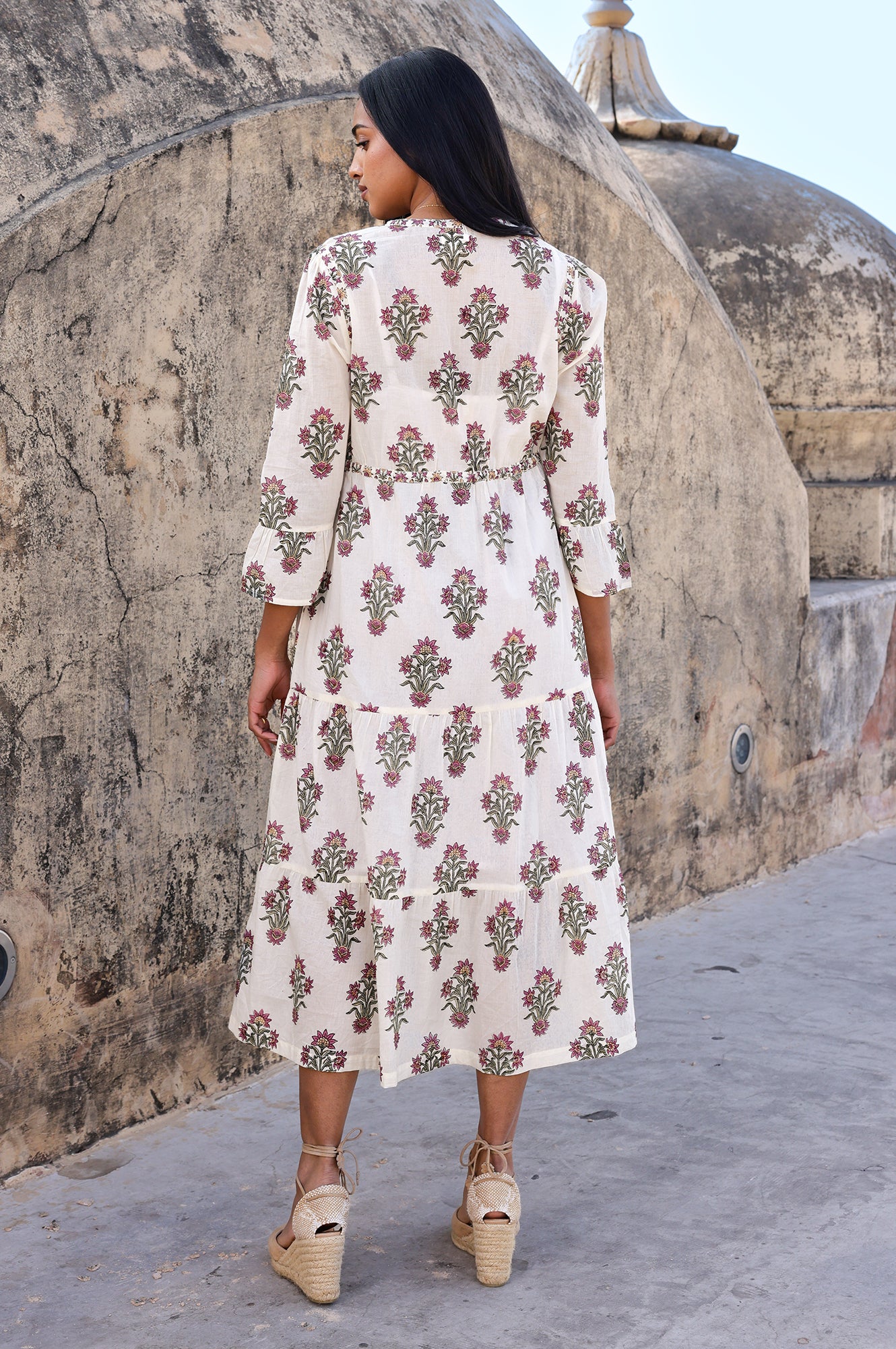 Hayden Organic Cotton Block Print Dress - Antique Wildflower Pattern in Cream, Red & Green | Boho Chic Summer Dress for Beach, Vacation & Casual Wear