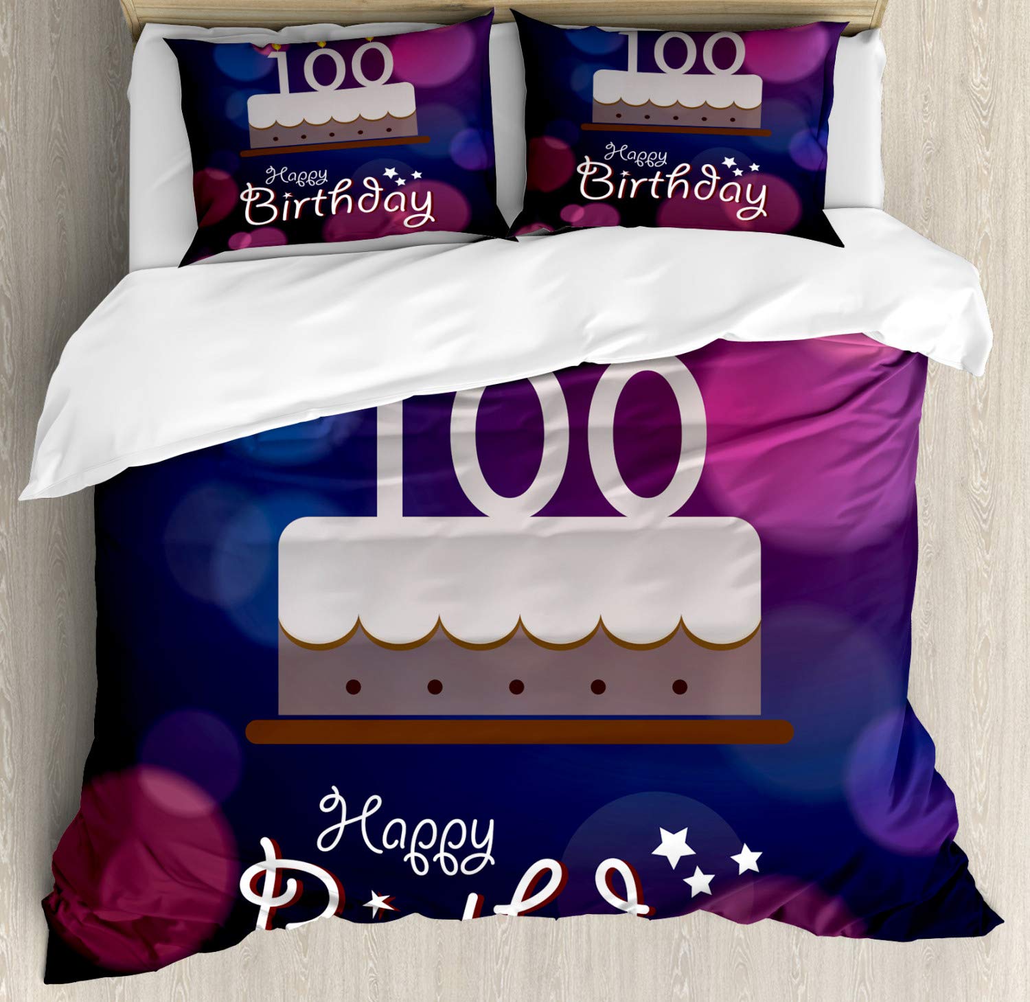 Ambesonne 100th Birthday Duvet Cover Set - Cartoon Cake & Candles Abstract Art Print, 3-Piece Bedding with 2 Pillow Shams (California King, Purple/Pink) - Perfect for Milestone Celebrations & Birthday Party Decorations