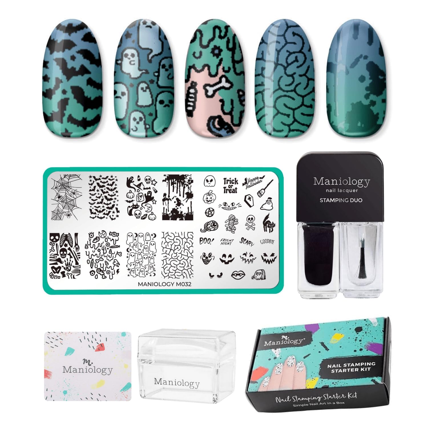 Maniology Halloween Limited Edition Nail Stamping Starter Kit - Stamping Plate, Polish, Top Coat, Stamper & Scraper Card - Perfect for Halloween Nail Art Designs & DIY Manicures