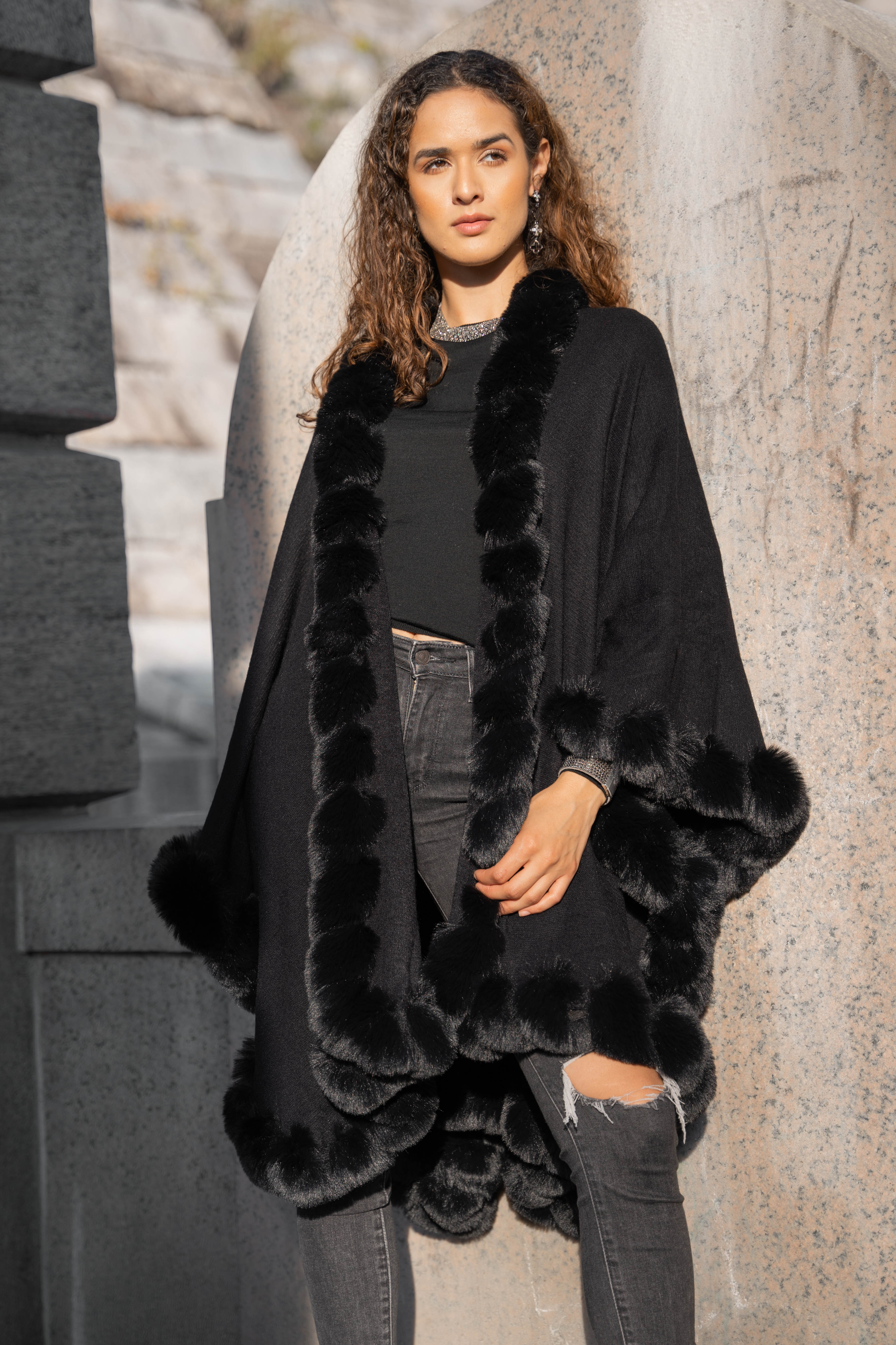 Elegant Faux Fur Cape Kimono Jacket - Women's Soft Winter Wrap Coat for Parties, Weddings & Evening Events