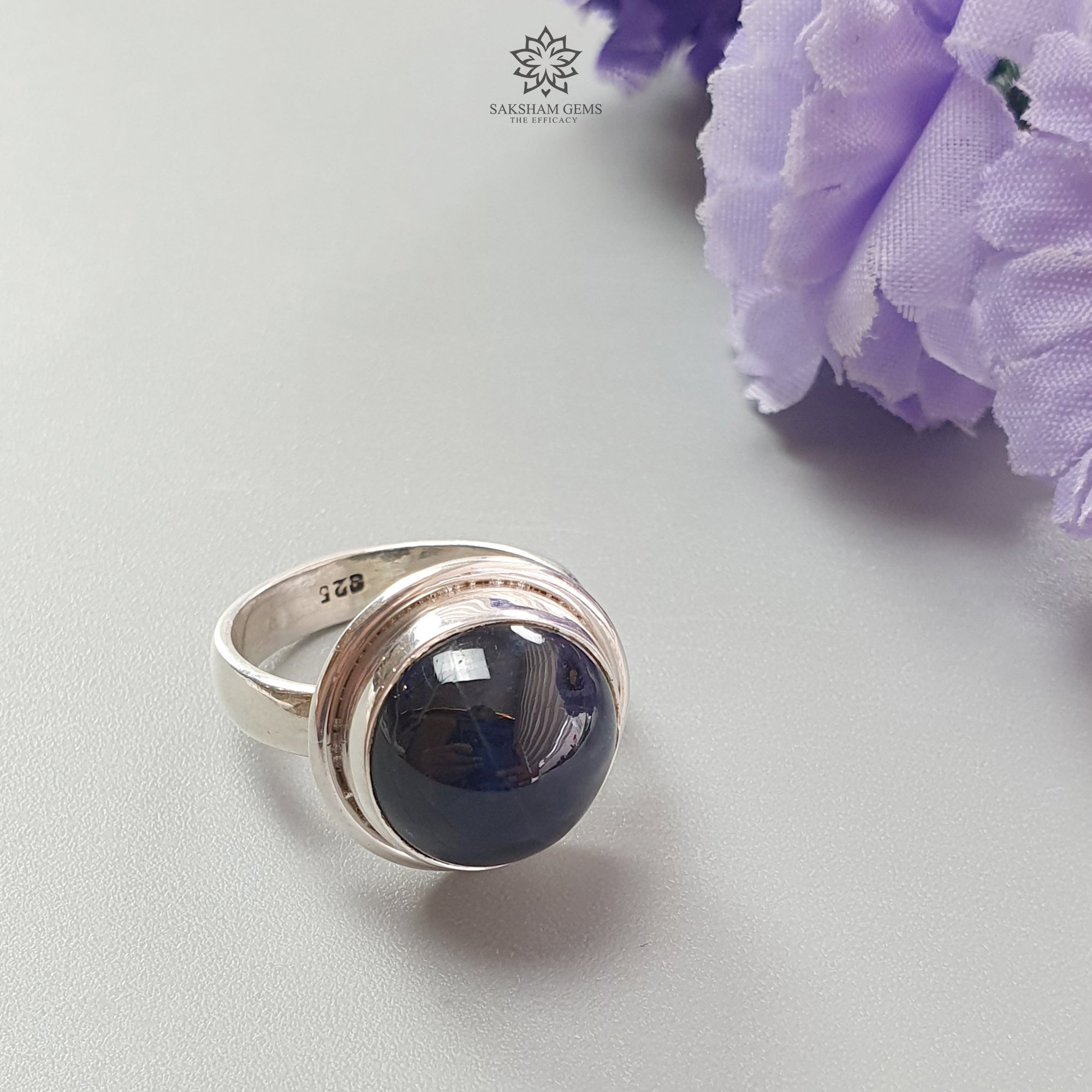 Natural Blue Sapphire Silver Ring – 8.05gms Untreated Cabochon Round 925 Sterling Silver Bezel Set Ring Size 7.5 US – Elegant Jewelry for Women, Perfect for Weddings, Anniversaries & Special Occasions