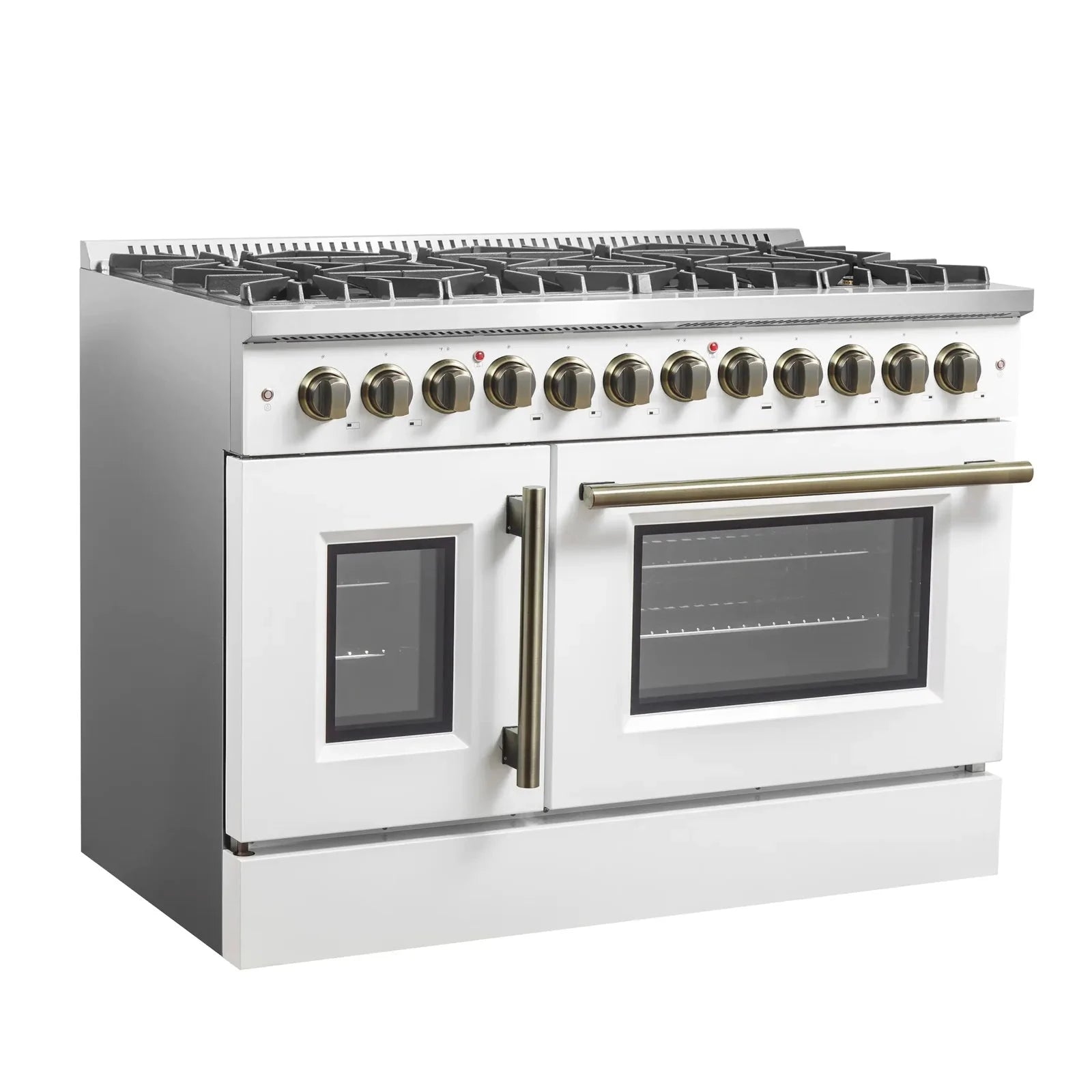 Forno Galiano 48-Inch French Door Dual Fuel Range - 8 Burner Gas Cooktop with Electric Convection Oven - White Antique Brass Trim (Model FFSGS6356 48WHT) - Perfect for Gourmet Kitchens & Professional Chefs