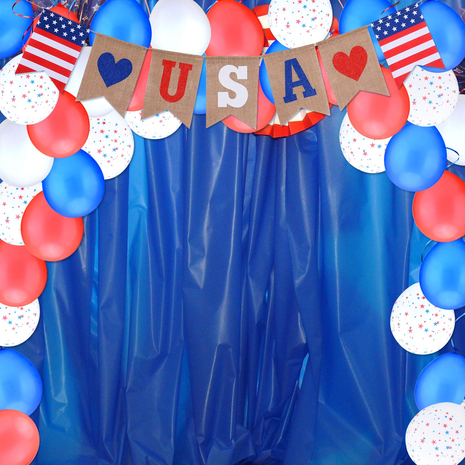 July 4th Patriotic Party Decorations - USA Flag Burlap Banner & Red White Blue Star Balloons Set with 2 Ribbons for Independence Day, Memorial Day, Veterans Day Celebrations | Perfect for Backyard BBQs, Parades and Festive Home Decor