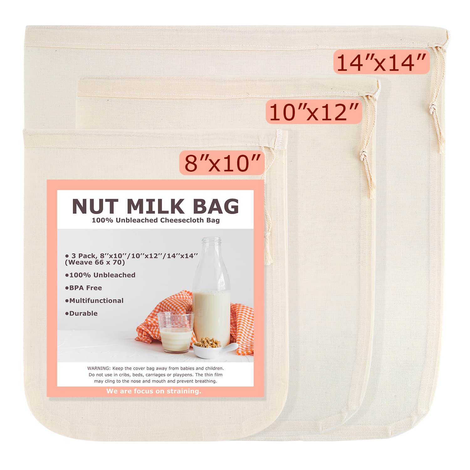 Organic Nut Milk Bags & Cheesecloth Bags - 3 Pack Unbleached Cotton (8
