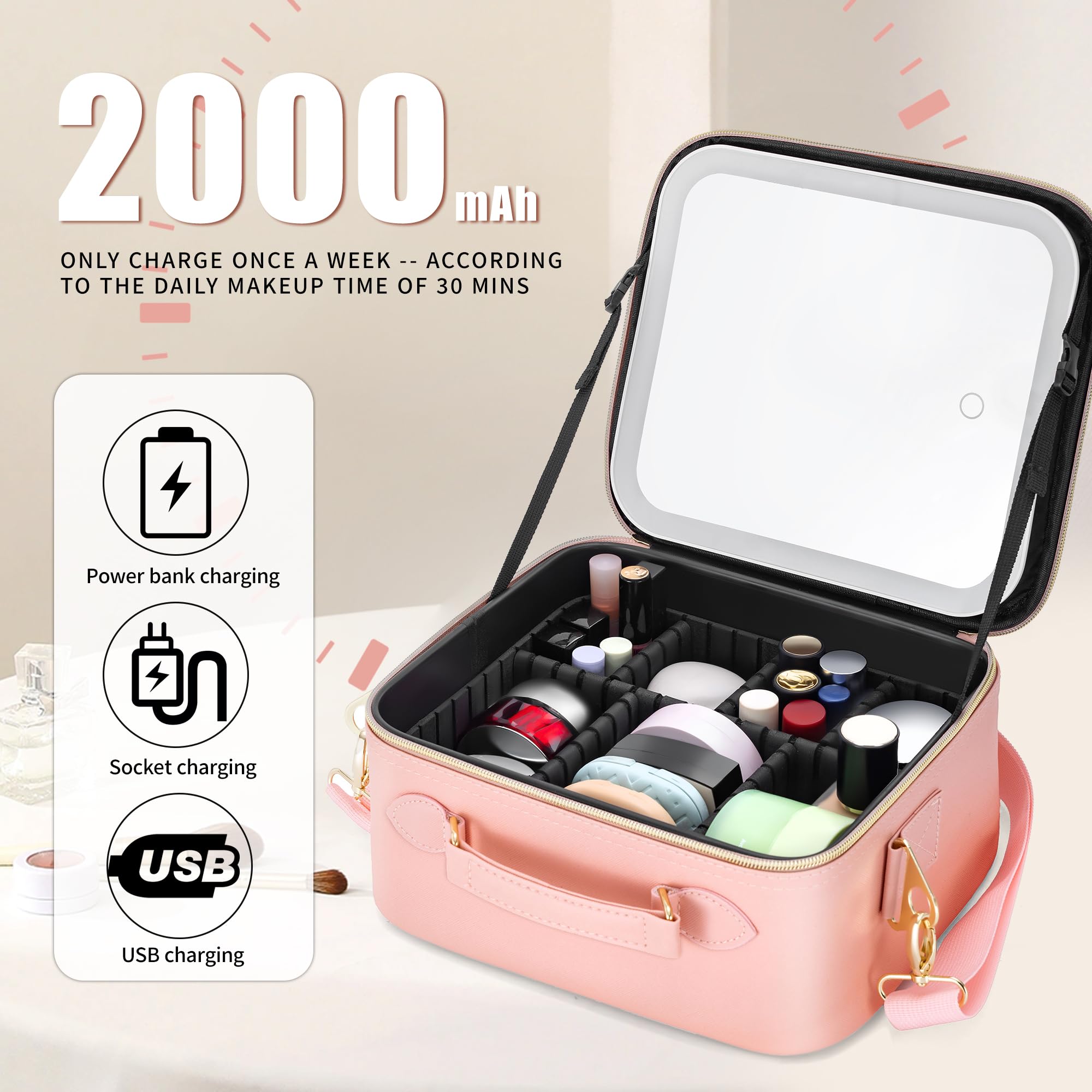 LED Makeup Bag with Mirror - Portable Travel Cosmetic Organizer Case with Lighted Mirror & Brush Holder - Black Makeup Storage Pouch for Women | Perfect for Travel, Home Vanity & Professional Makeup Artists