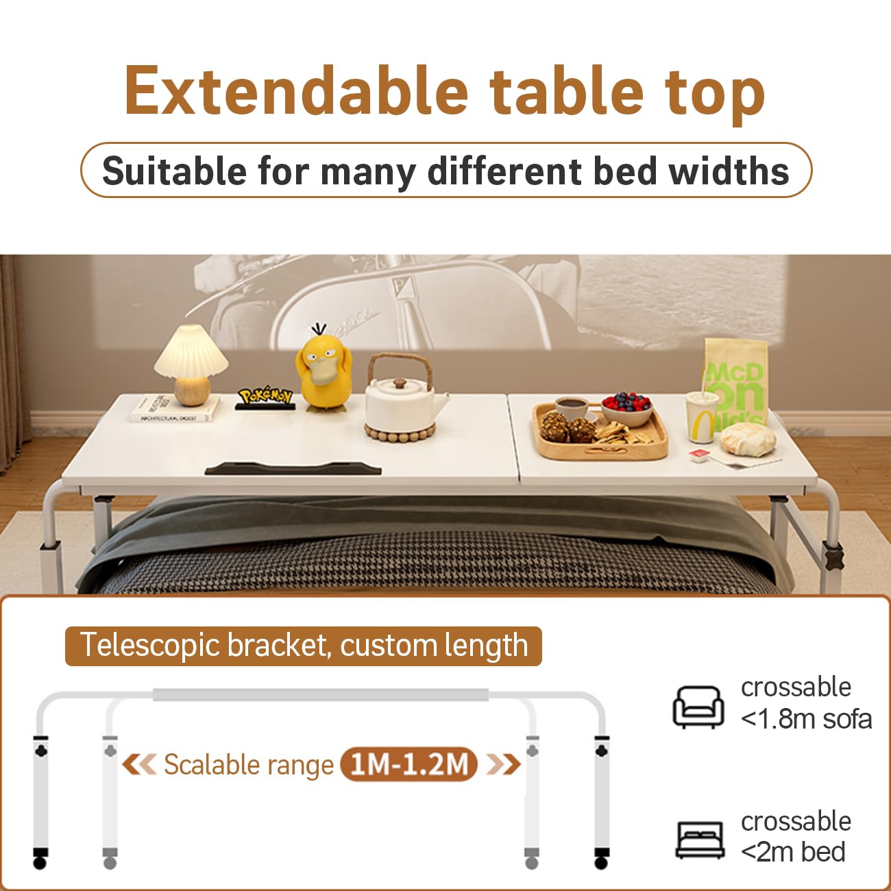 Adjustable Overbed Table with Wheels - Mobile Hospital Bedside Table, Rolling Desk for Queen Size Beds (1.2m-1.8m), Height Adjustable Standing Work Surface - Perfect for Eating, Working, Reading in Bed or Recovery (White)
