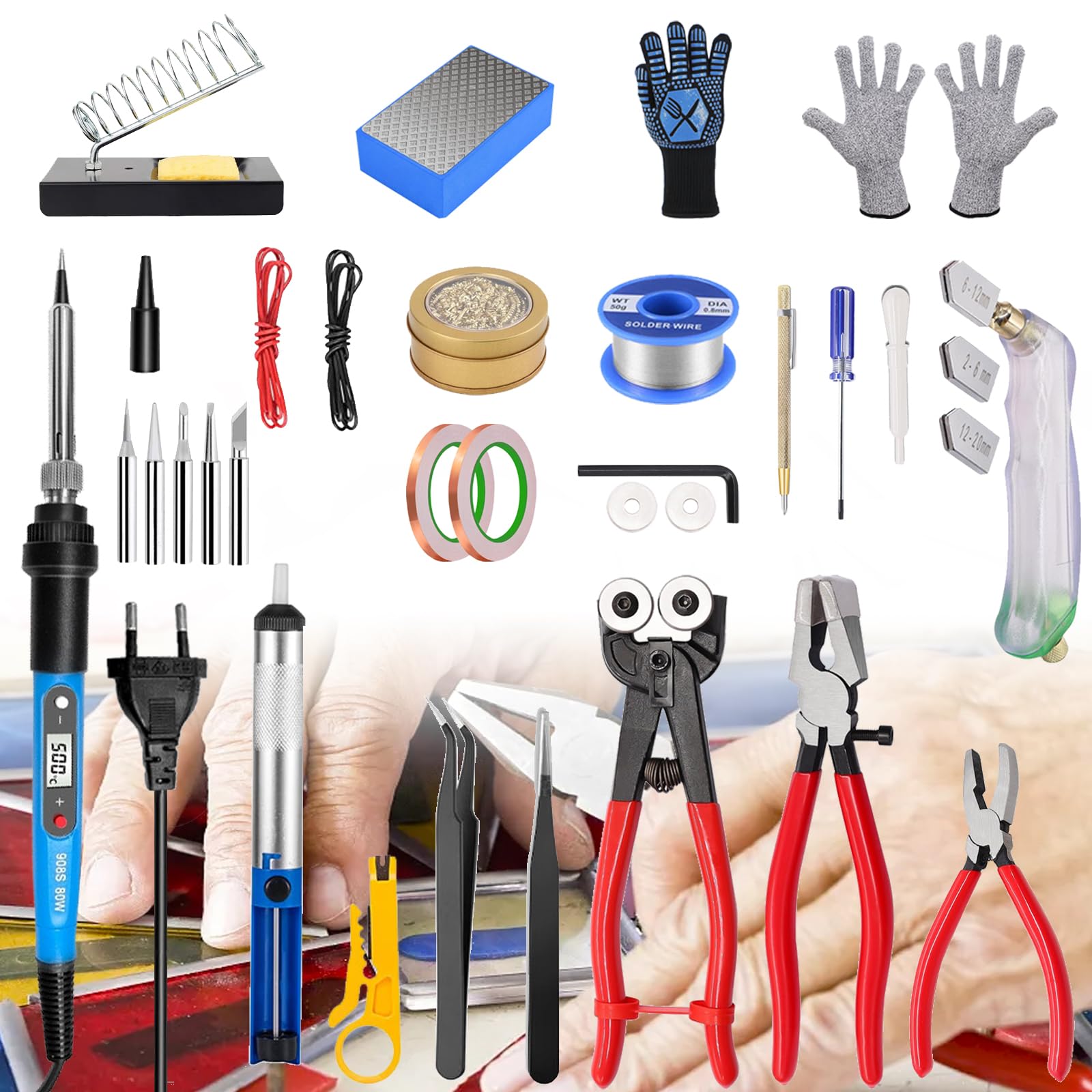 Stained Glass Kit for Adults - 80W Soldering Iron, Glass Cutter Tools, Copper Foil Tape & Cut Resistant Gloves - Complete DIY Stained Glass Supplies for Home Decor, Church Windows & Art Projects