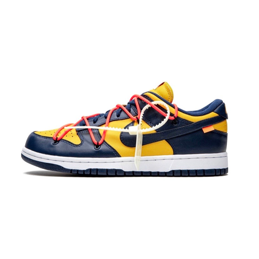 Off White x Nike Dunk Low Leather Sneakers - University Gold & Midnight Navy Michigan Colorway - Perfect for Streetwear & Casual Fashion
