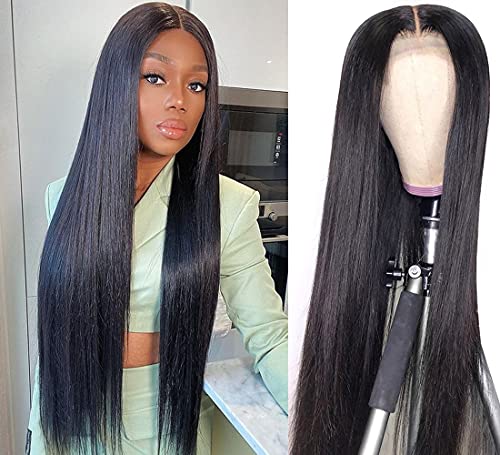 32 Inch HD Lace Front Wigs Human Hair Straight 150% Density - Pre Plucked 4x4 Lace Closure Wig - Glueless Natural Black Women's Hairpiece for Daily Wear & Special Occasions