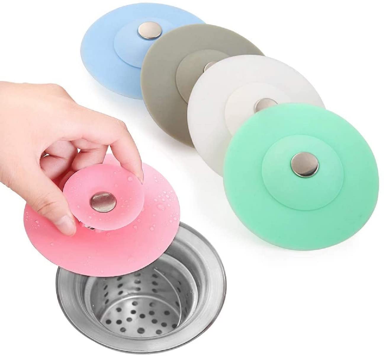 **HENIJ Silicone Sink Stopper & Drain Cover - Hair Catcher for Bathroom, Kitchen, Laundry, and Floor - Durable, Non-Slip, Easy to Clean (4-Pack, Random Colors) - Perfect for Preventing Clogs & Keeping Drains Clean**