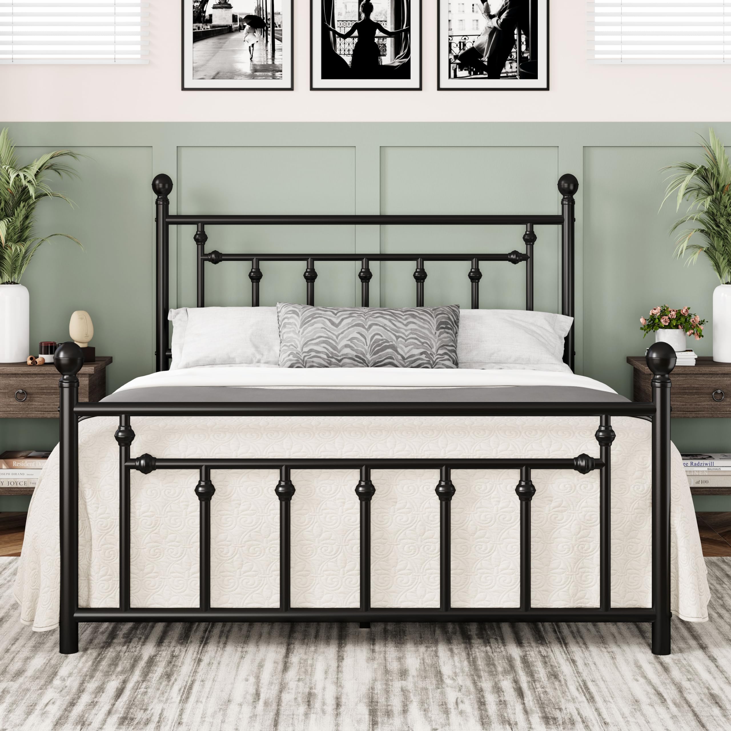 Allewie 14 Inch Queen Size Metal Platform Bed Frame - Victorian Vintage Headboard & Footboard with Under Bed Storage | No Box Spring Needed | Easy Assembly | Noise Free Mattress Foundation | Black | Perfect for Bedroom, Guest Room & Small Space Living