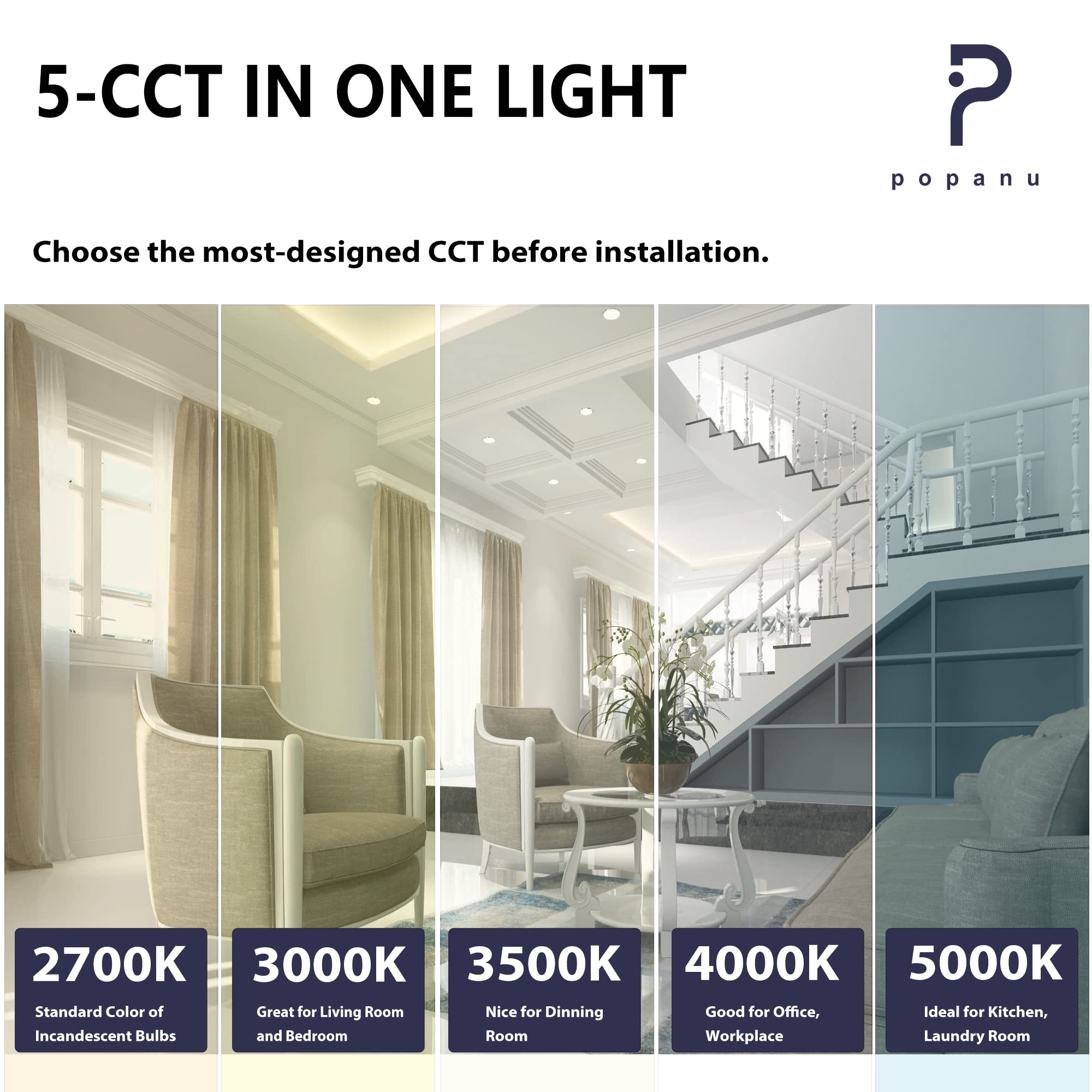 5CCT Adjustable 3 Inch Recessed Gimbal Downlight - Rotatable Spotlight, Dimmable Eyeball Ceiling Potlight with Junction Box, 8W LED, Black Round Trim (6 Pack) - Perfect for Living Room, Kitchen, Bedroom & Office Lighting