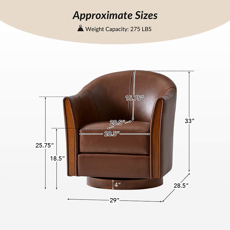 Clara Genuine Leather Swivel Barrel Chair with Solid Wood Base - Stylish Home Office & Living Room Accent Chair for Comfortable Seating