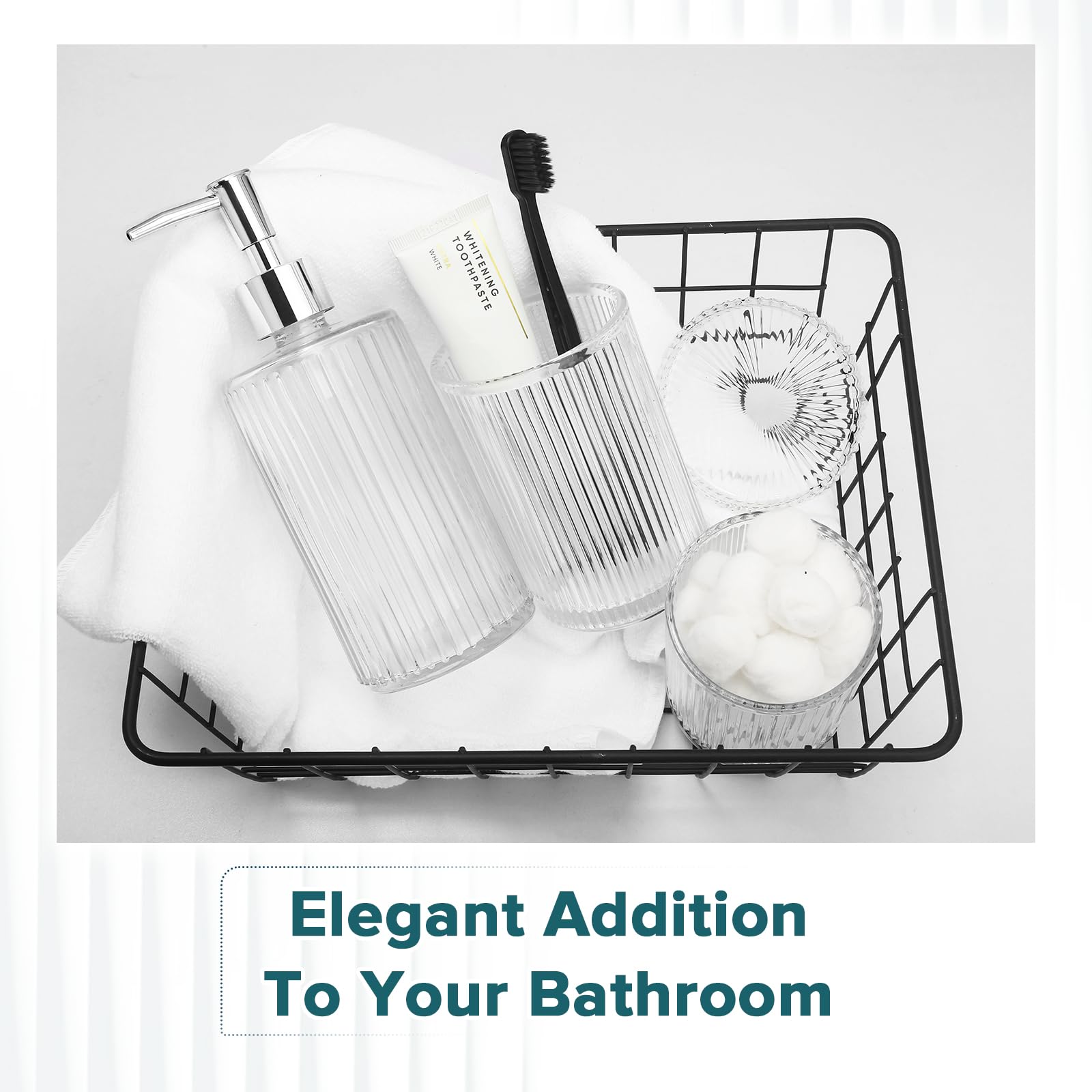 4-Piece Clear Glass Bathroom Accessories Set - Modern Ribbed Soap Dispenser, Toothbrush Holder & 2 Qtips Holders | Sleek Silver Countertop Decor for Bathroom, Vanity & Guest Bath Organization