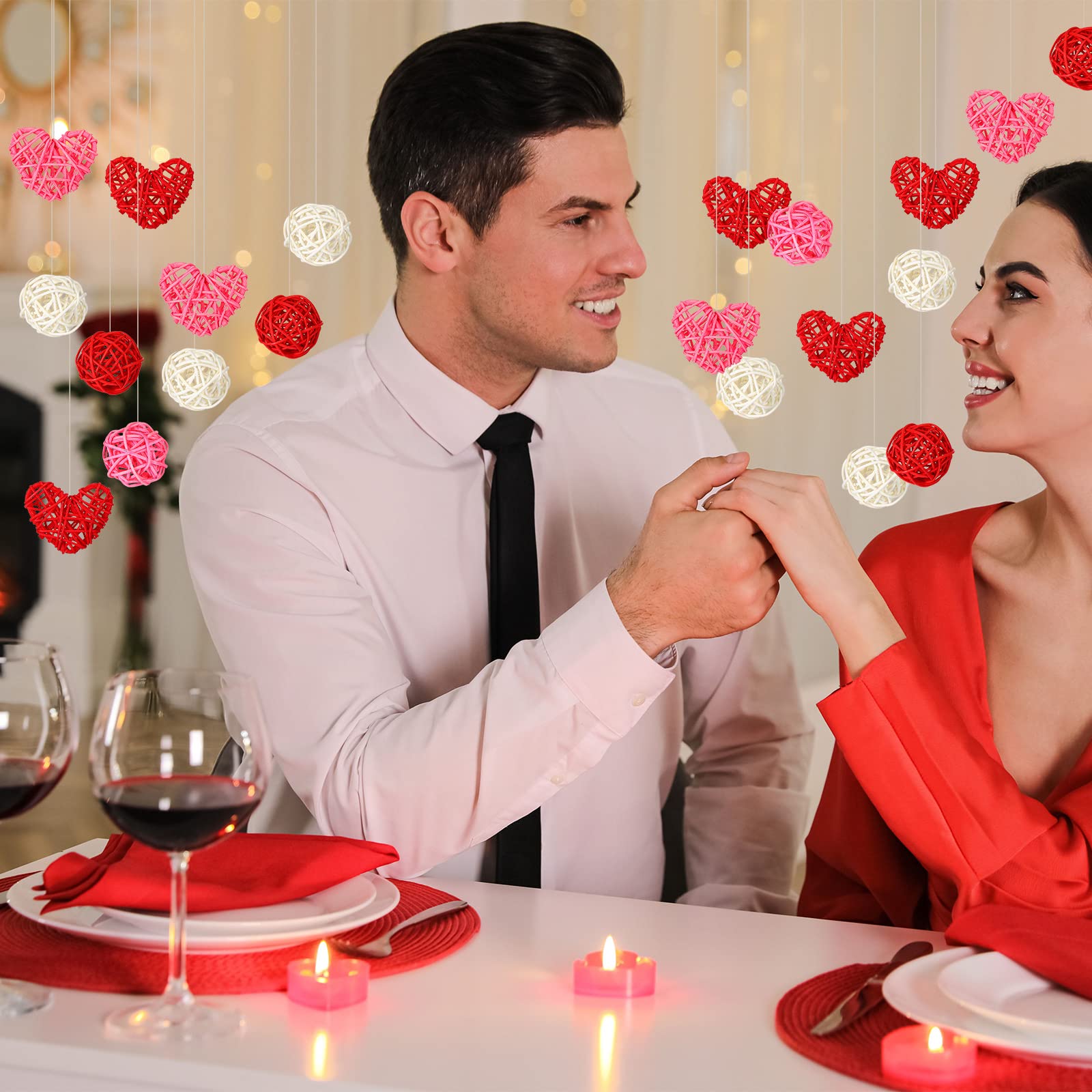 24-Piece Valentine's Day Wicker Rattan Ball Set - 12 Heart-Shaped & 12 Round Rattan Balls for DIY Crafts, Christmas Tree Decorations, Wedding & Home Party Decor in Pink, Red & White