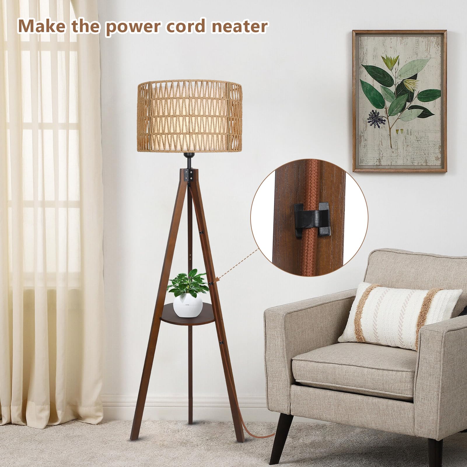 Boho Tripod Floor Lamp with Shelves - Mid Century Modern Wood Standing Lamp with Rattan & Fabric Shades, ON/Off Foot Switch - Farmhouse Tall Floor Lamps for Living Room, Bedroom, Office - Perfect for Reading Nook, Cozy Corner & Home Decor Lighting