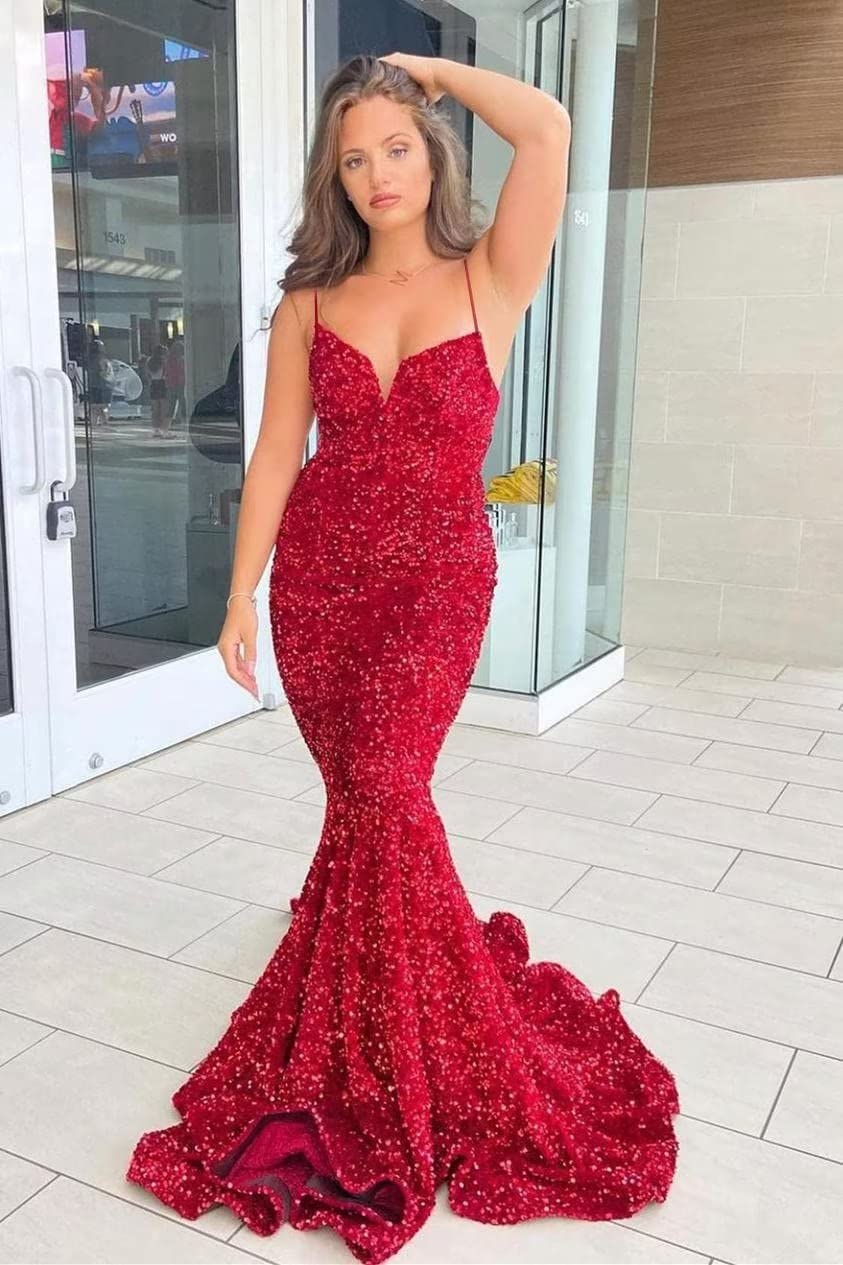 Elegant Fuchsia Sequin Prom Dress with V-Neck & Spaghetti Straps | Mermaid Evening Gown for Formal Parties | US Size 10 | Perfect for Homecoming, Prom Night & Special Occasions
