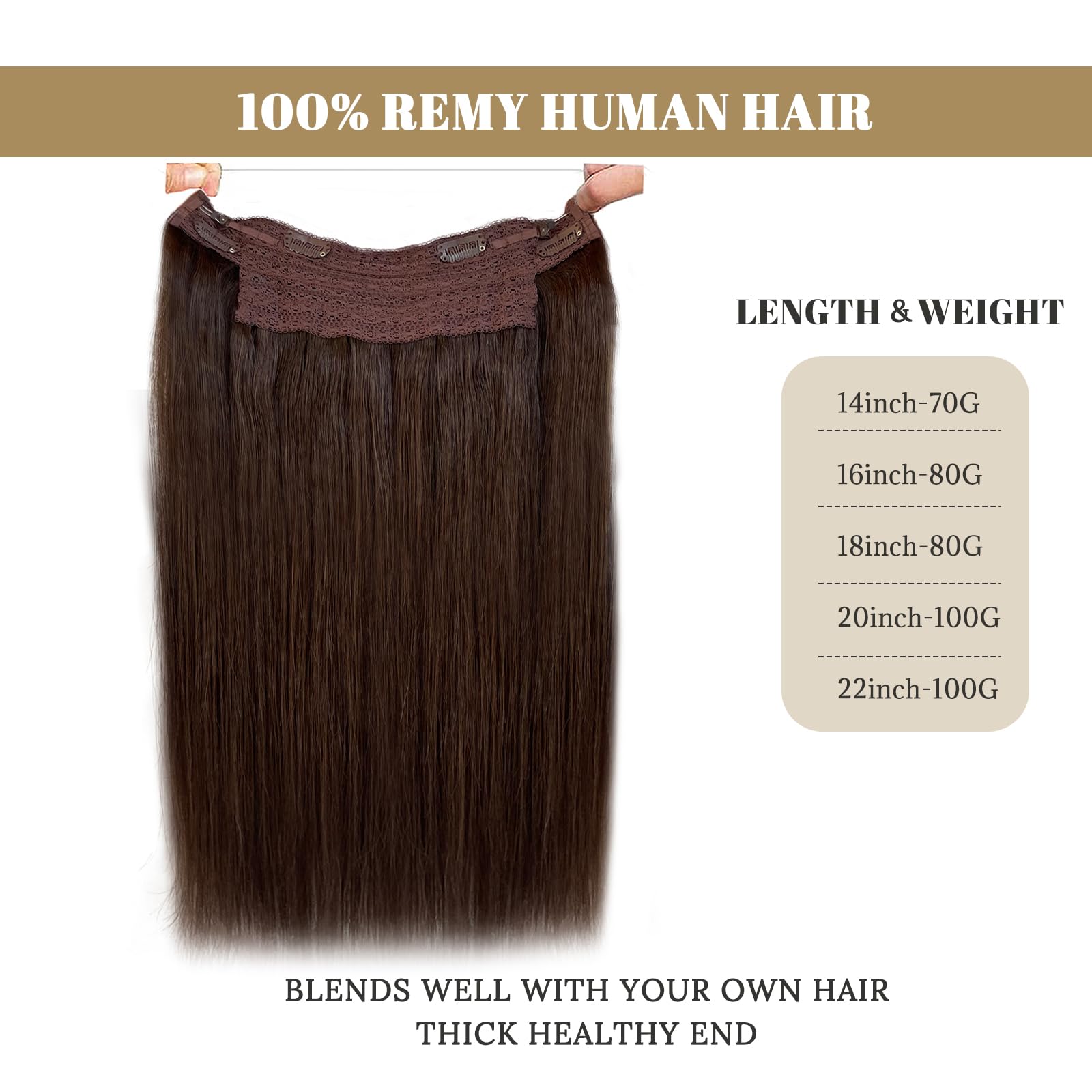 Halos 22 Inch 100g Medium Brown Human Hair Extensions with Invisible Wire - Remy Human Hair with Natural Highlights - Perfect for Daily Wear, Parties & Special Occasions