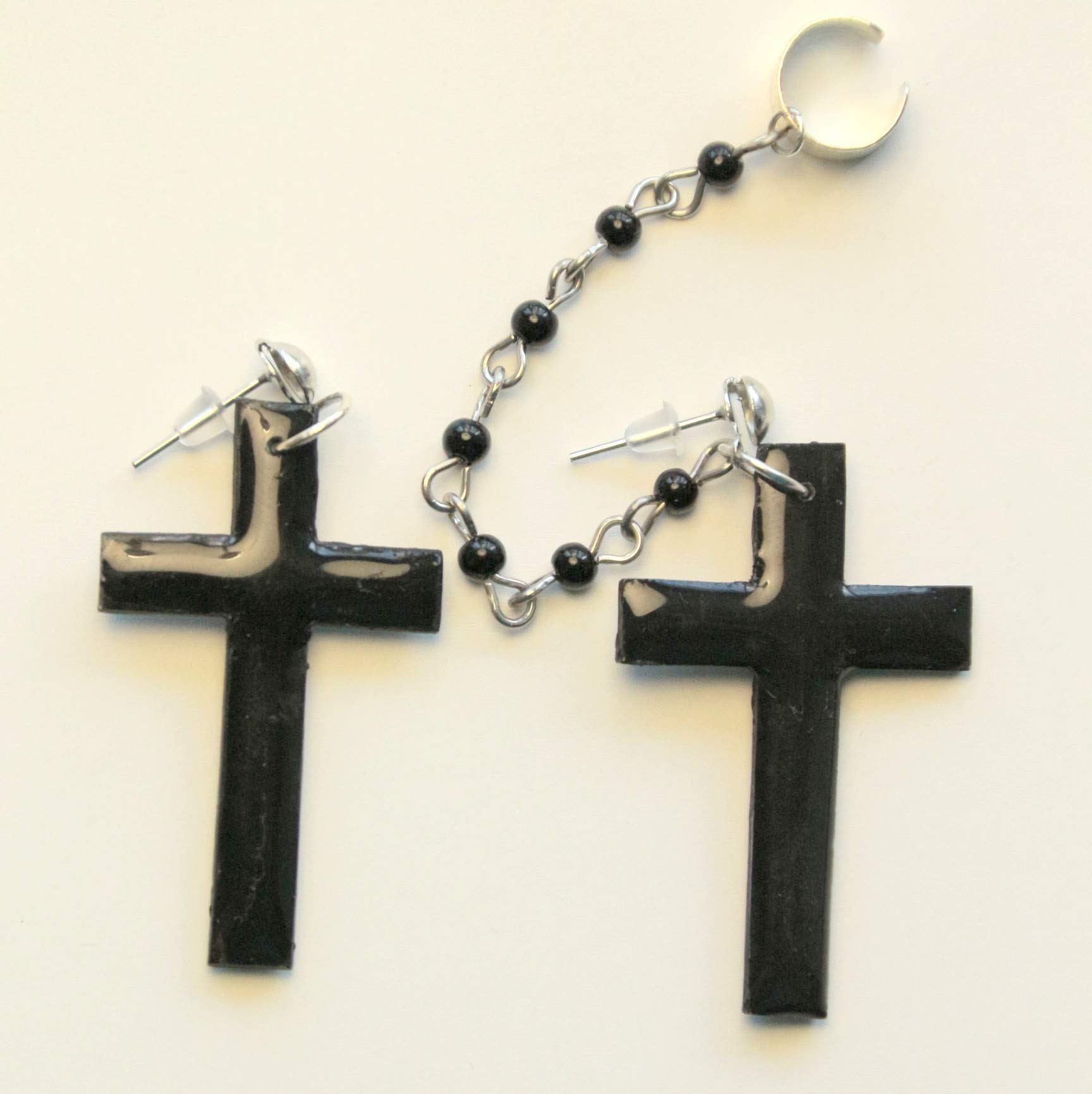 Handmade Gothic Cross Ear Cuff - Black Polymer Clay Stud Earrings with Beaded Chain - Epoxy Resin Jewelry for Women - Perfect for Halloween, Gothic Fashion & Alternative Style