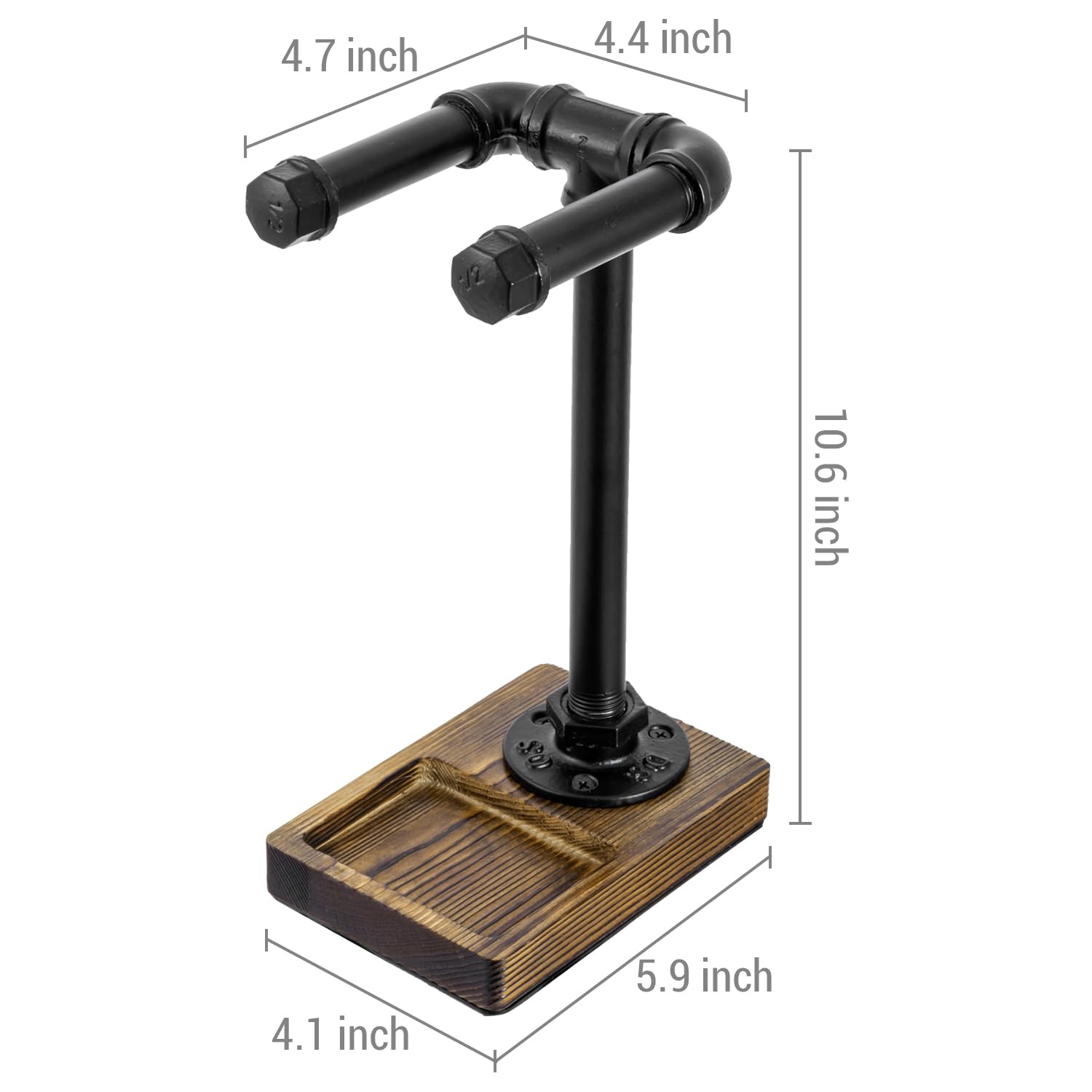 MyGift Universal Headphone Stand - Industrial Black Metal Pipe & Solid Wood Tray Desktop Headset Holder for Gaming, Office & Home Workspace Organization