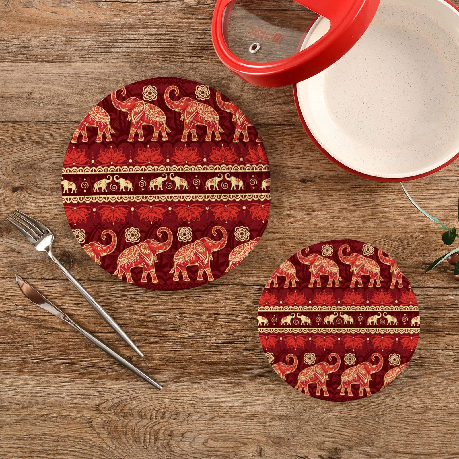 Spring Mandala Elephants Pot Holders Trivets Set of 2 - Heat Resistant Kitchen Trivets for Hot Dishes, Pans & Bowls - Ethnic Cotton Woven Hot Pads for Stovetop & Table Decor - Perfect for Indian, Boho & Retro Kitchen Style