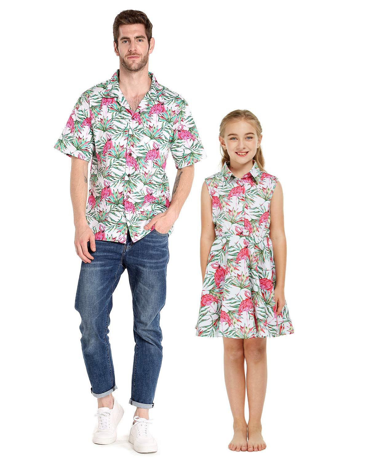 Father Daughter Matching Hawaiian Luau Shirts - Flamingo Love Print Tropical Dance Outfits for Beach Parties, Family Vacations & Summer Festivals