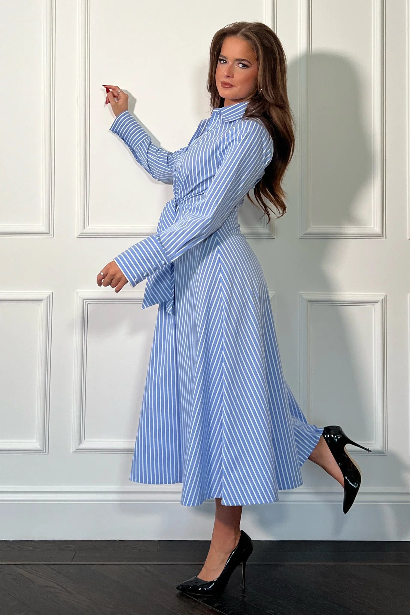 Isabella Blue Pin Stripe Tie Front Dress - Women's Elegant Casual Summer Dress for Office, Party & Date Night