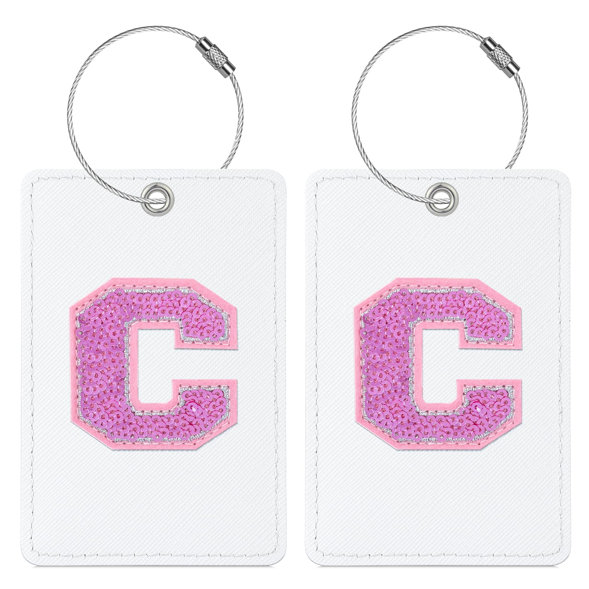 Sodsay 2 Pack Cute Sequin Initial Luggage Tags - PU Leather Suitcase ID Labels with Steel Loops for Women, Kids & Teens (Letter C, White Leather & Hot Pink) - Perfect for Travel, Vacation & Airport Baggage Identification
