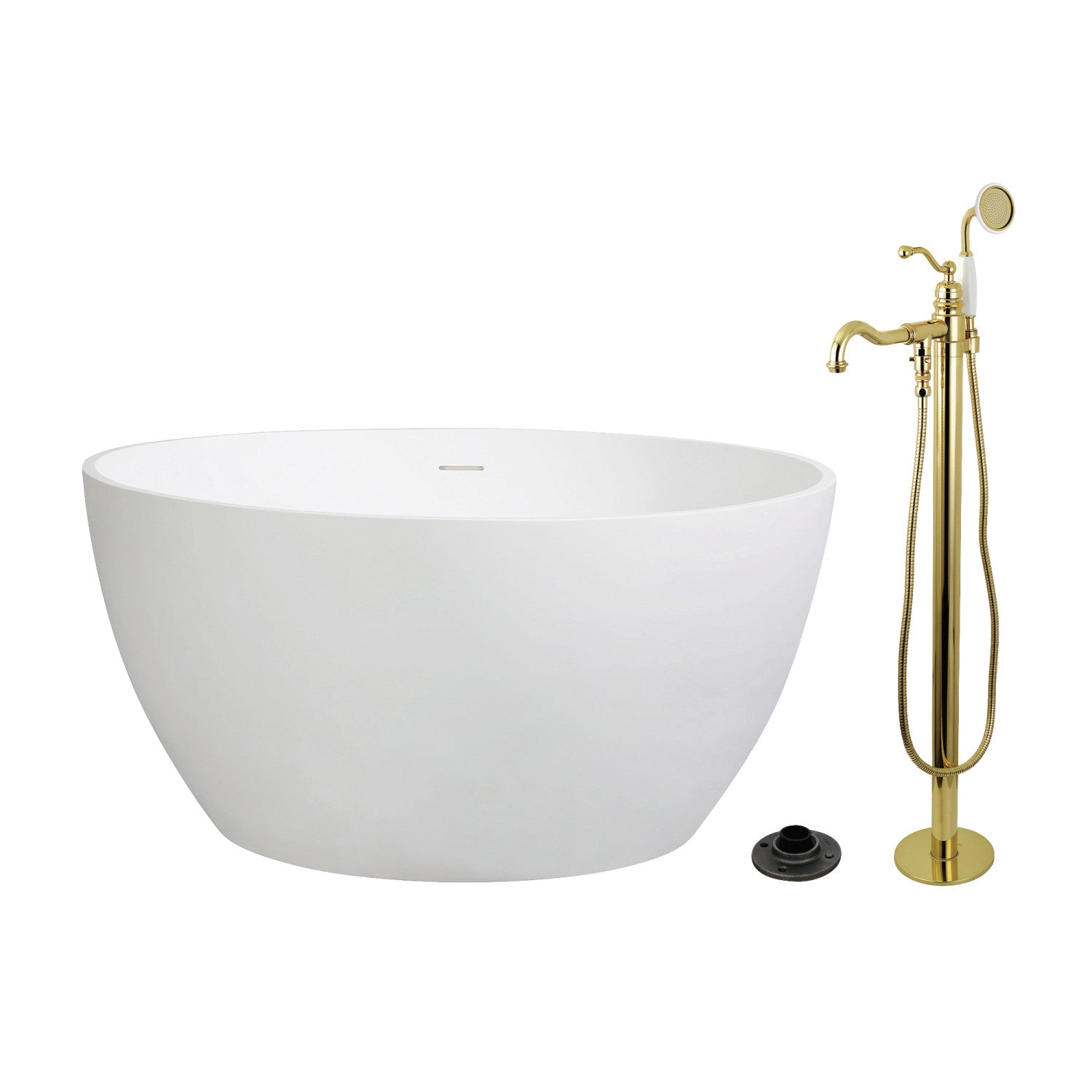 Arcticstone 45 Inch Freestanding Bathtub with Faucet Combo - Solid Surface Round Double Ended Soaking Tub with Polished Brass Drain - Perfect for Luxury Bathrooms & Spa Retreats