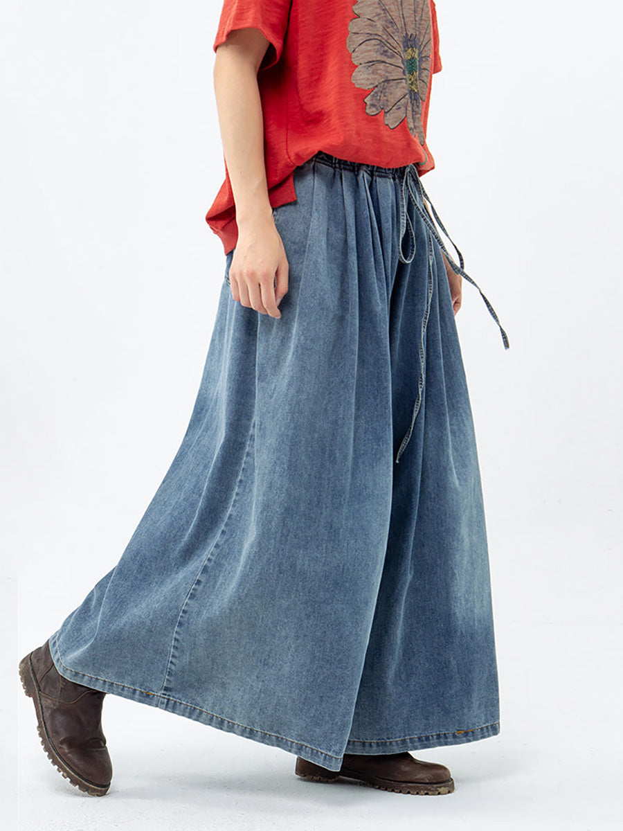 Plus Size Casual Drawstring Blue Denim Wide Leg Pants Jeans for Women - Comfortable Stretch High Waist Trousers for Everyday Wear, Work & Travel