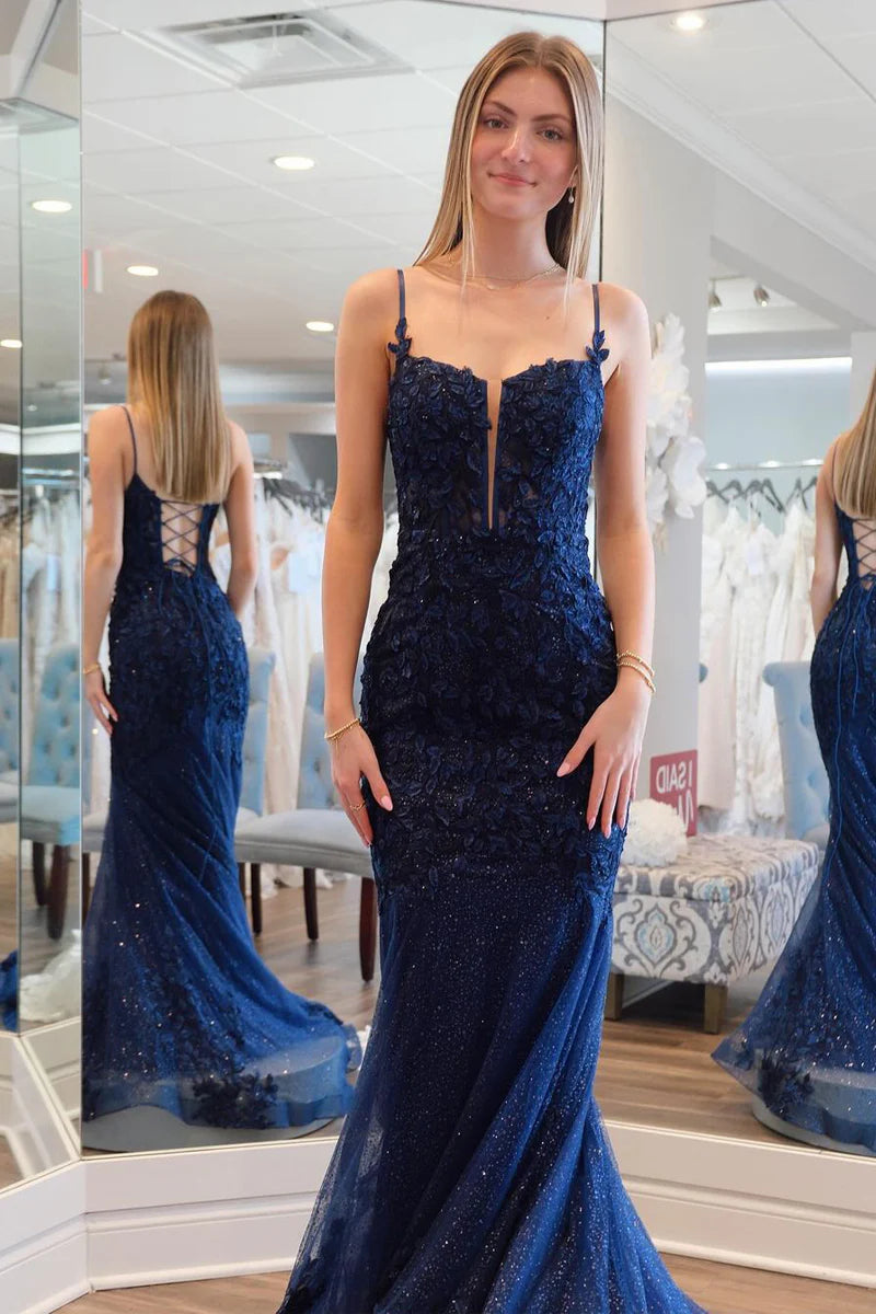 Elegant Navy Blue Mermaid Prom Dress with Lace & Sequins Appliques - Perfect for Homecoming, Formal Dances & Special Occasions