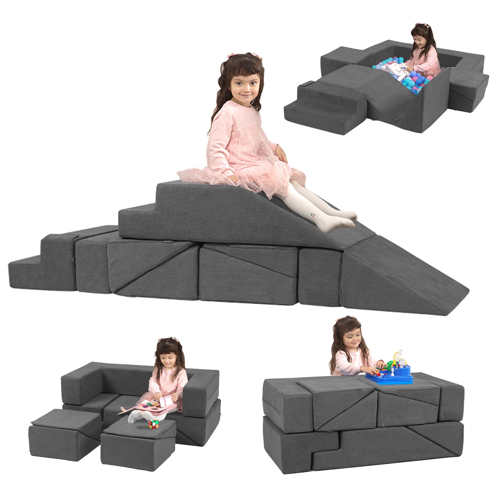 **Convertible Foam Climbing Blocks for Kids - Toddler Play Couch & Sofa Toy for Creative Boys & Girls - Indoor Playroom Furniture (Dark Grey) - Perfect for Home, Daycare & Montessori Play Areas**