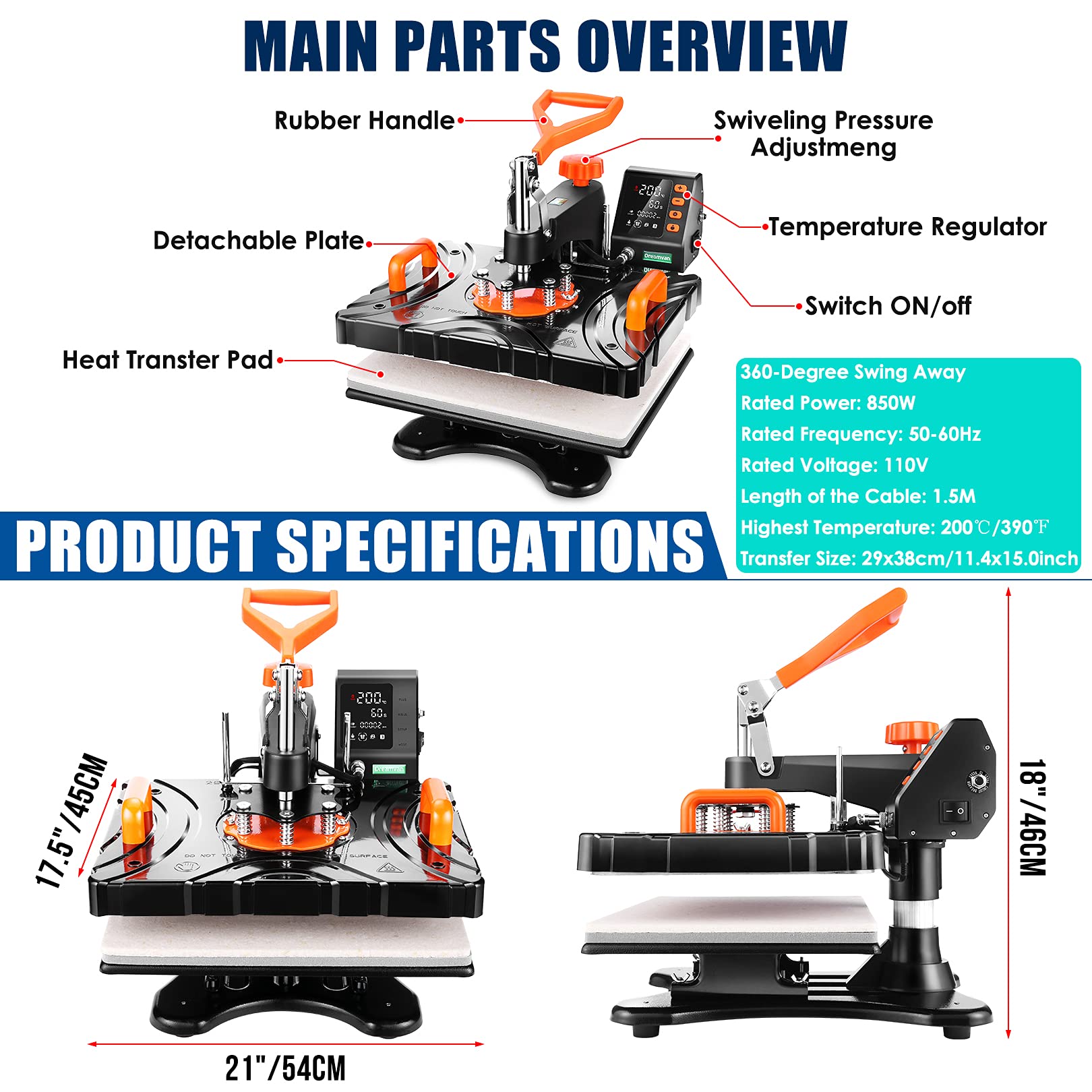 Upgraded 8-in-1 Digital Heat Press Machine for T-Shirts, Caps & Mugs - 12