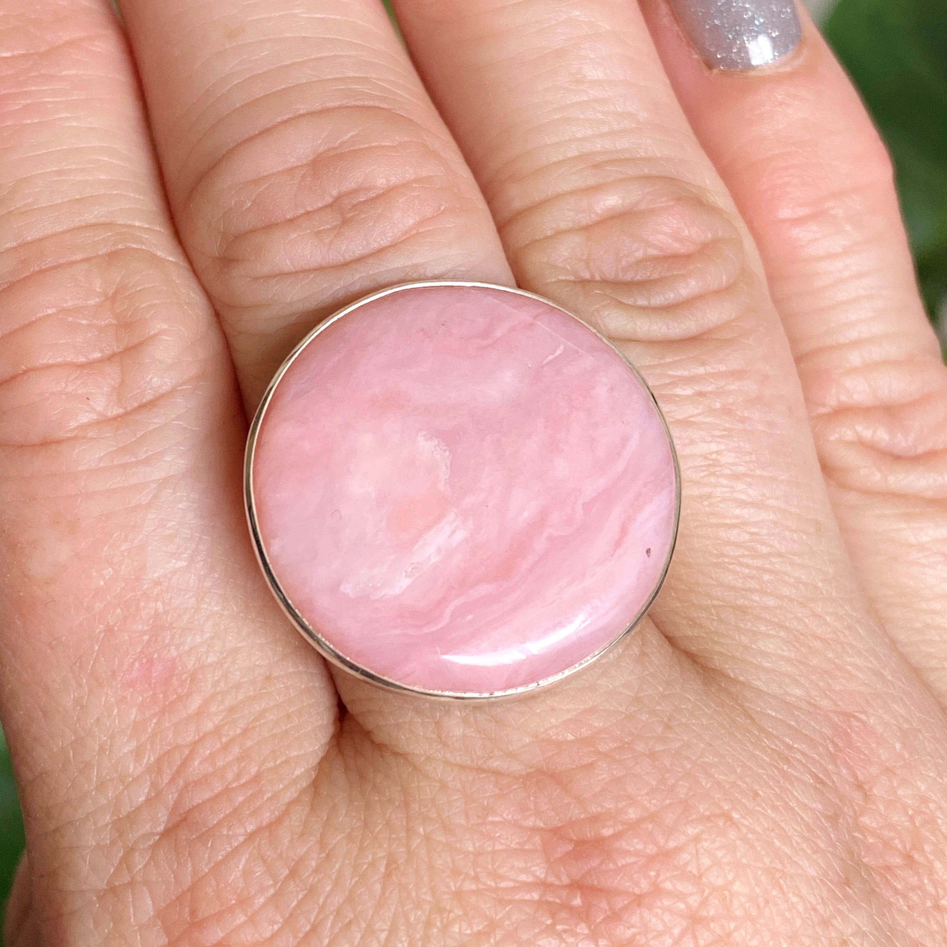 Pink Opal Round Cabochon Ring - Hammered Sterling Silver Size 9.5 (KRGJ3305) | Elegant Boho Jewelry for Women, Perfect for Everyday Wear & Special Occasions
