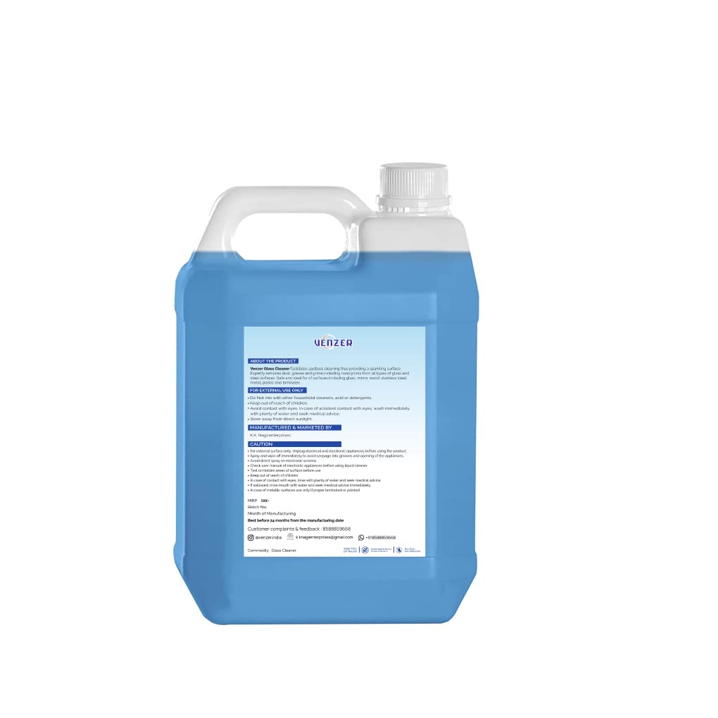 Venzer Glass & Household Surface Cleaner Liquid - 5 Litre with Shine Booster Formula | Streak-Free Cleaning for Windows, Mirrors, Countertops & More | Ideal for Home & Office Use