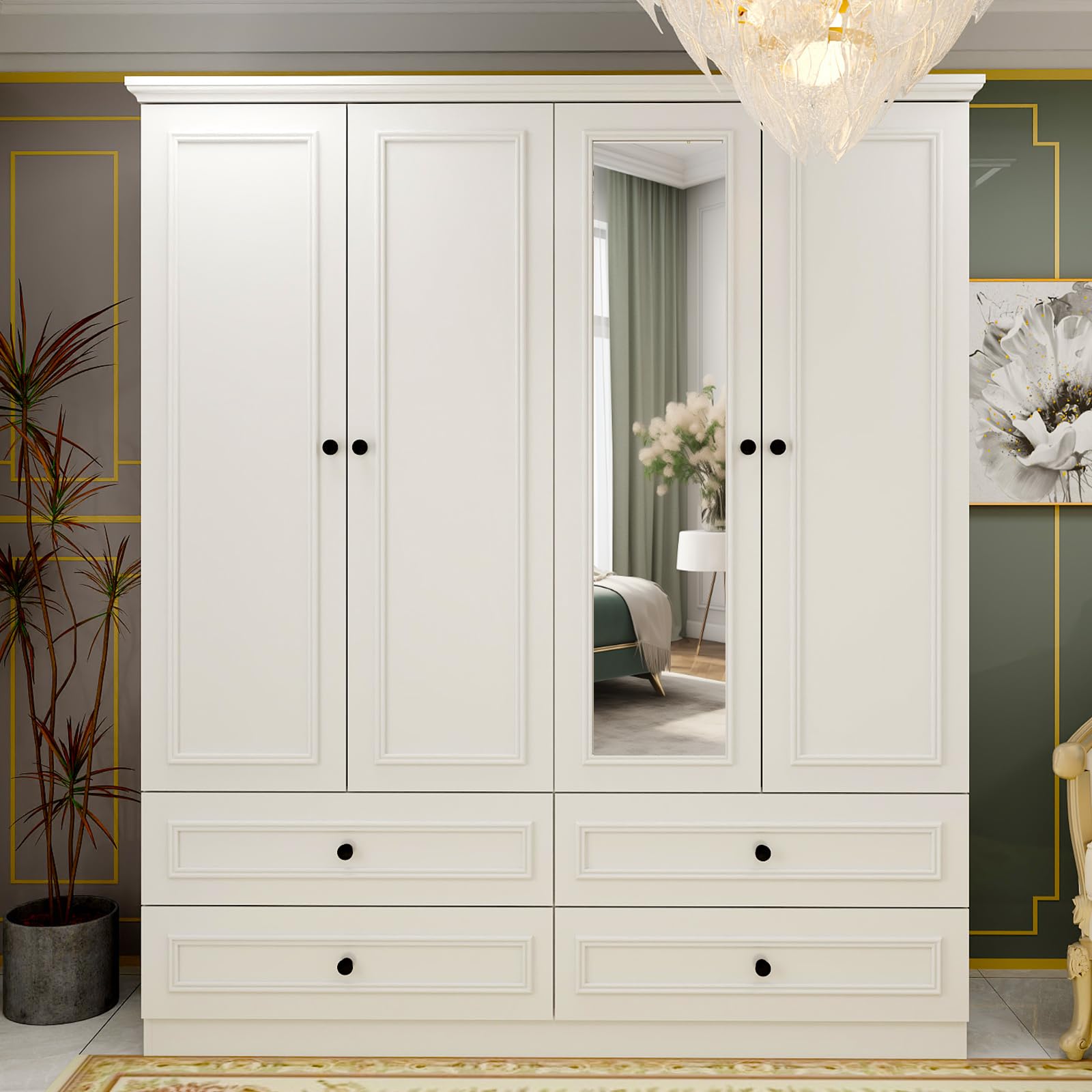 Modern White 4-Door Wooden Armoire Wardrobe with Mirror & Hanging Rod - Spacious Bedroom Storage Cabinet for Clothes & Accessories | Perfect for Master Bedroom, Guest Room & Dorm Organization