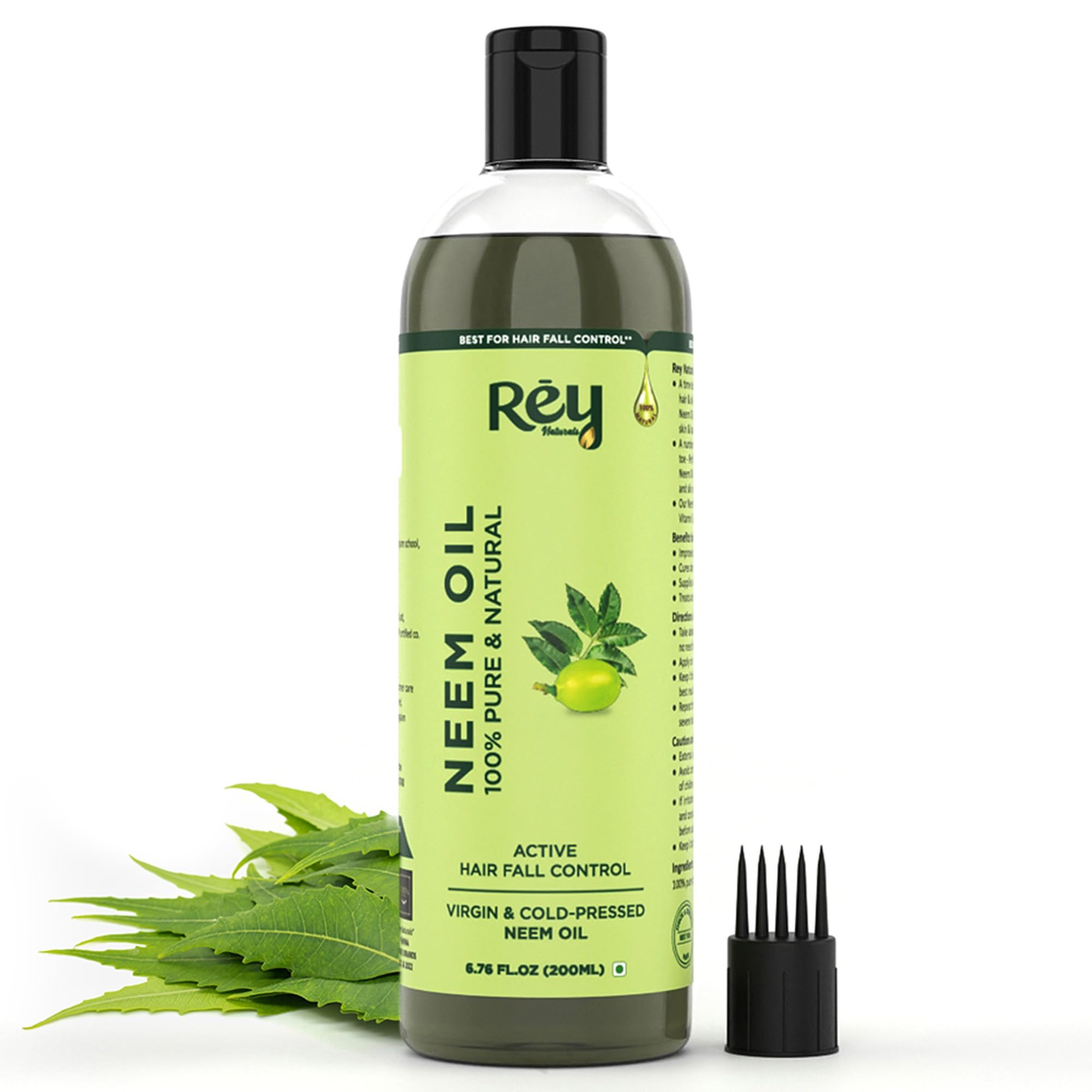 Rey Naturals Cold Pressed Neem Oil 200ml - Pure Organic Neem Oil for Skin Care, Hair Growth & Scalp Treatment | Helps with Dandruff, Lice Removal & Acne | Ideal for Body Massage, Hair Care Routine & Natural Beauty Regimen