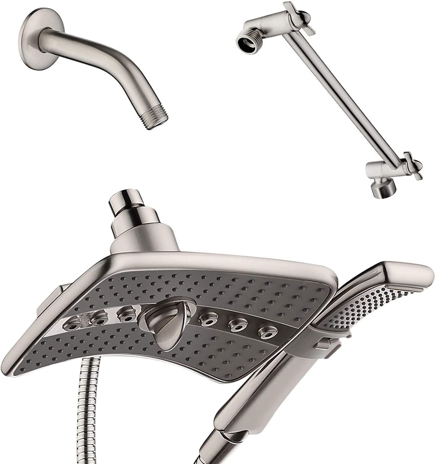BRIGHT SHOWERS 2-in-1 Shower Head Combo - Fixed & Handheld Shower with 6 Settings, 6/10 Inch Adjustable Arm - Brushed Nickel Finish for Bathroom & Spa Experience