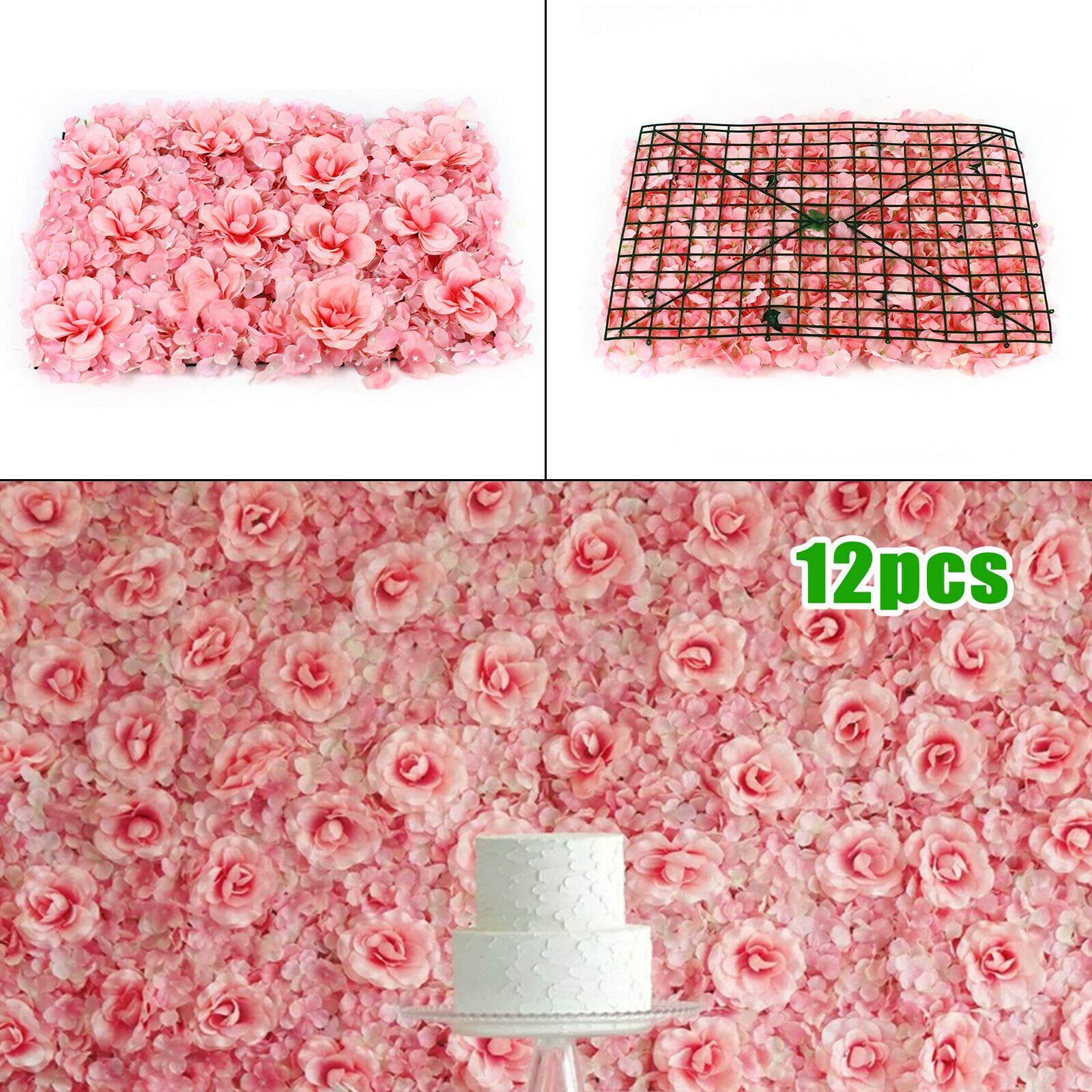 12pcs Artificial Rose Flower Wall Panels - Pink Fake Roses for Wedding Backdrop, Party Decor, Event Decoration (24x16 Inches) - Perfect for Indoor & Outdoor Weddings, Baby Showers, Photo Booths