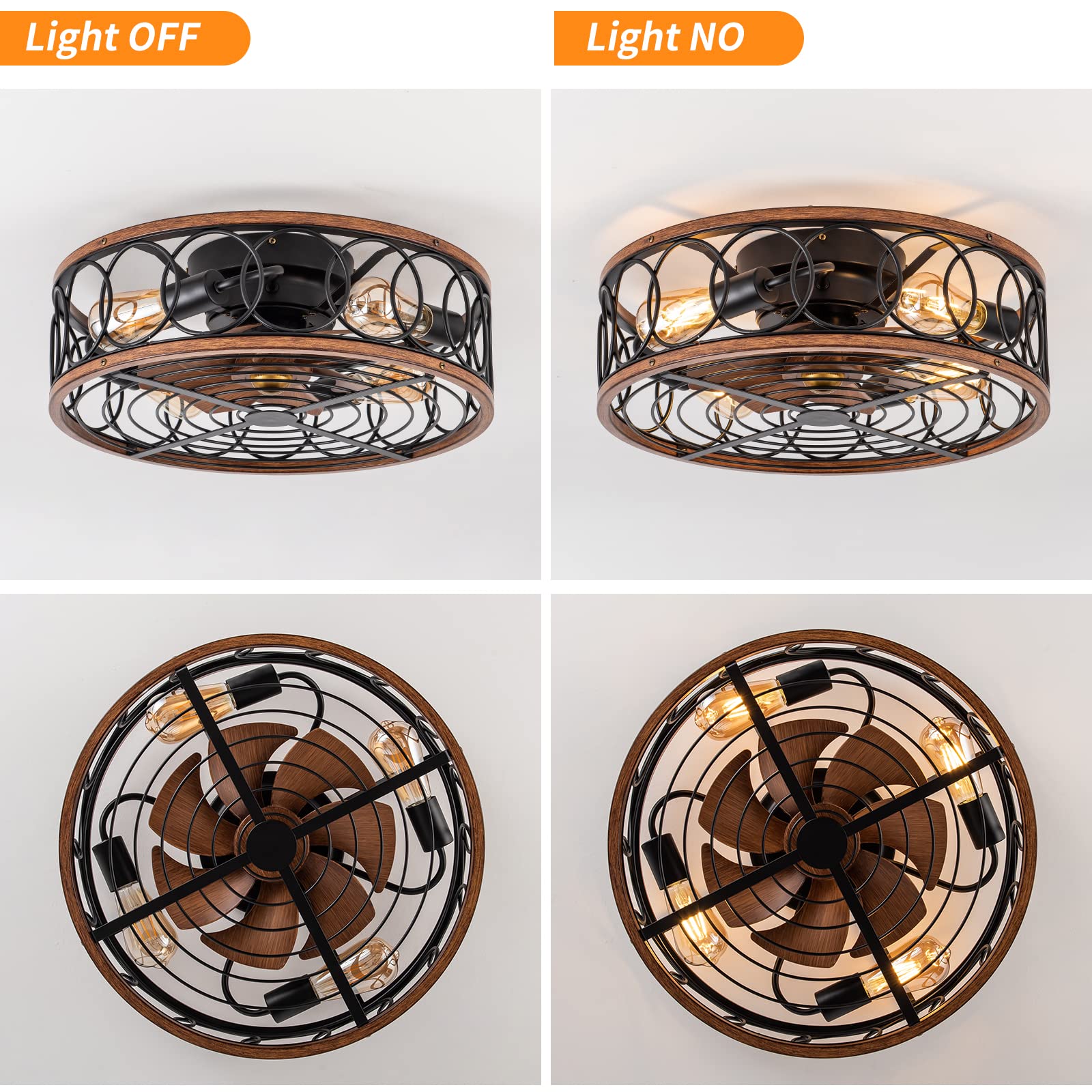 NORFOLK 20'' Bladeless Farmhouse Ceiling Fan with Lights & Remote Control - Low Profile Flush Mount Rustic Cage Lighting (E26 Bulb Base) - Perfect for Bedroom, Living Room, Kitchen, Patio & Outdoor Spaces